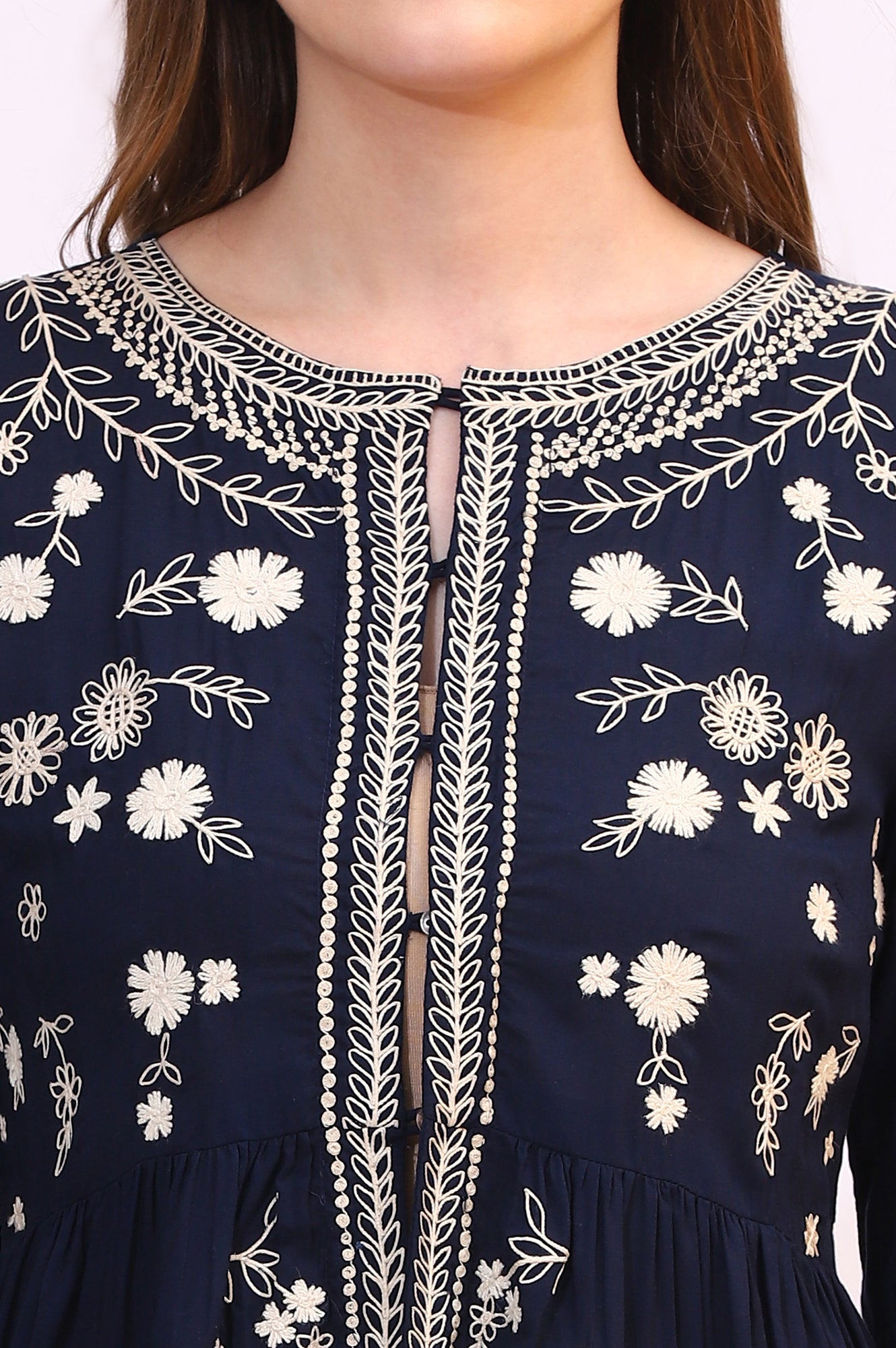 Navy Blue Thread Embroidered Modal Cotton Top with Front Buttons