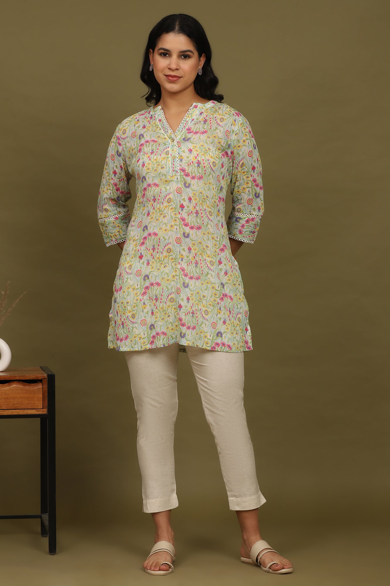 Blue Floral Printed Cotton Crepe Tunic with Lace