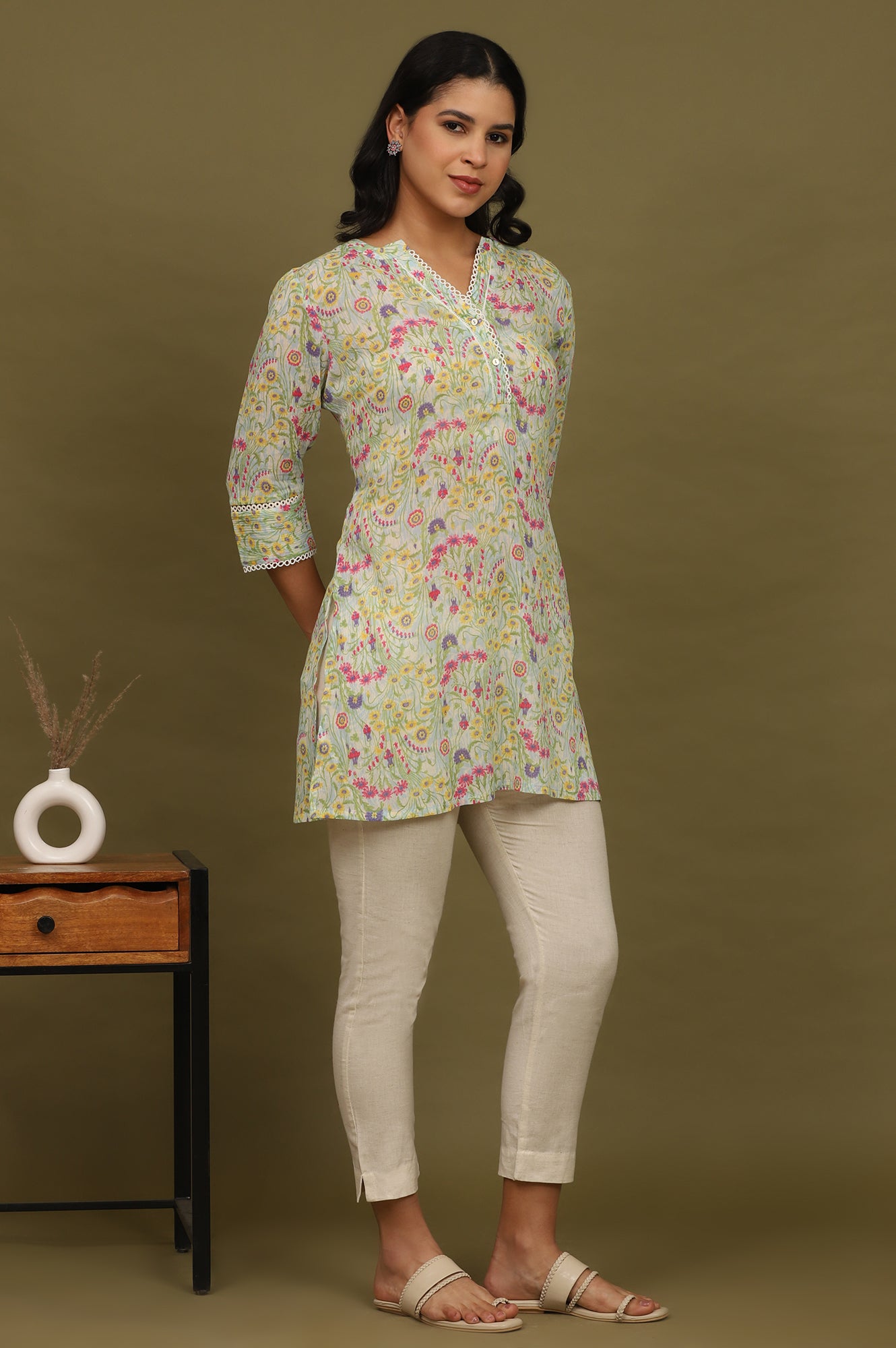 Blue Floral Printed Cotton Crepe Tunic with Lace