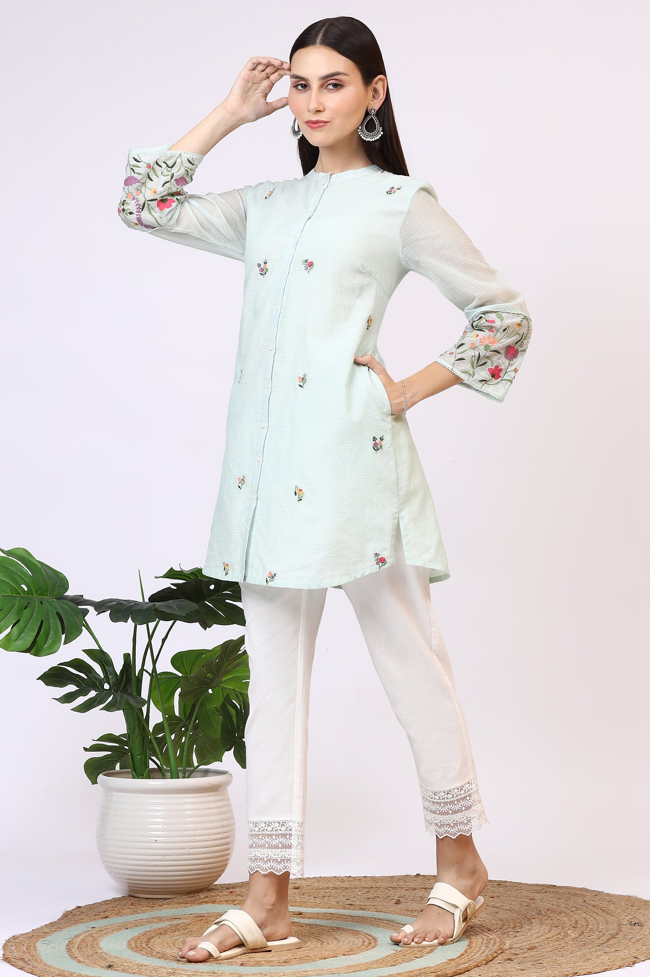 Mint Green Floral Embroidered Kota Tunic