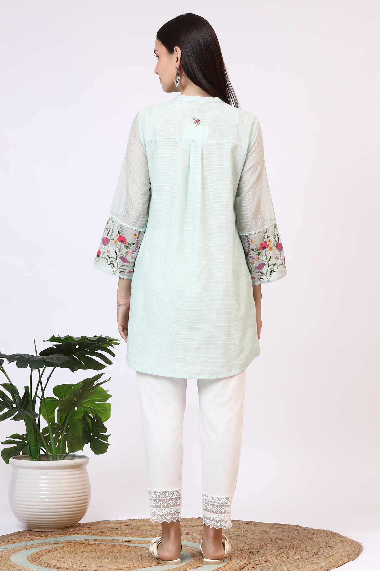 Mint Green Floral Embroidered Kota Tunic