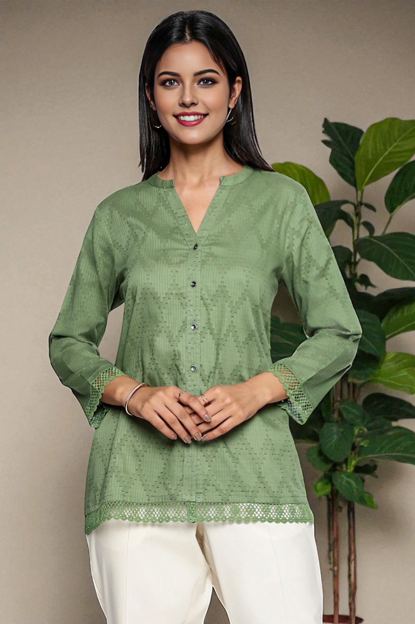 Green Yarn Dyed Printed Pure Cotton Straight Top