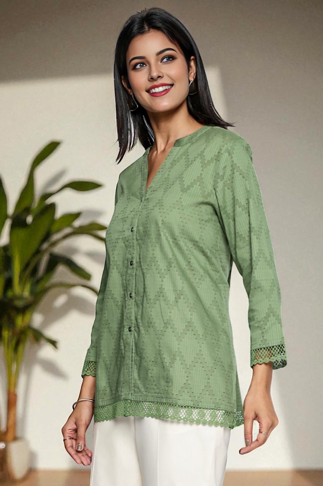 Green Yarn Dyed Printed Pure Cotton Straight Top