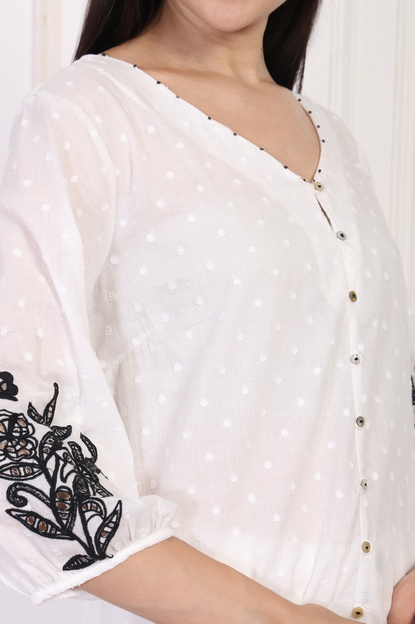 White Polka Dot Embroidered Straight Cotton Top