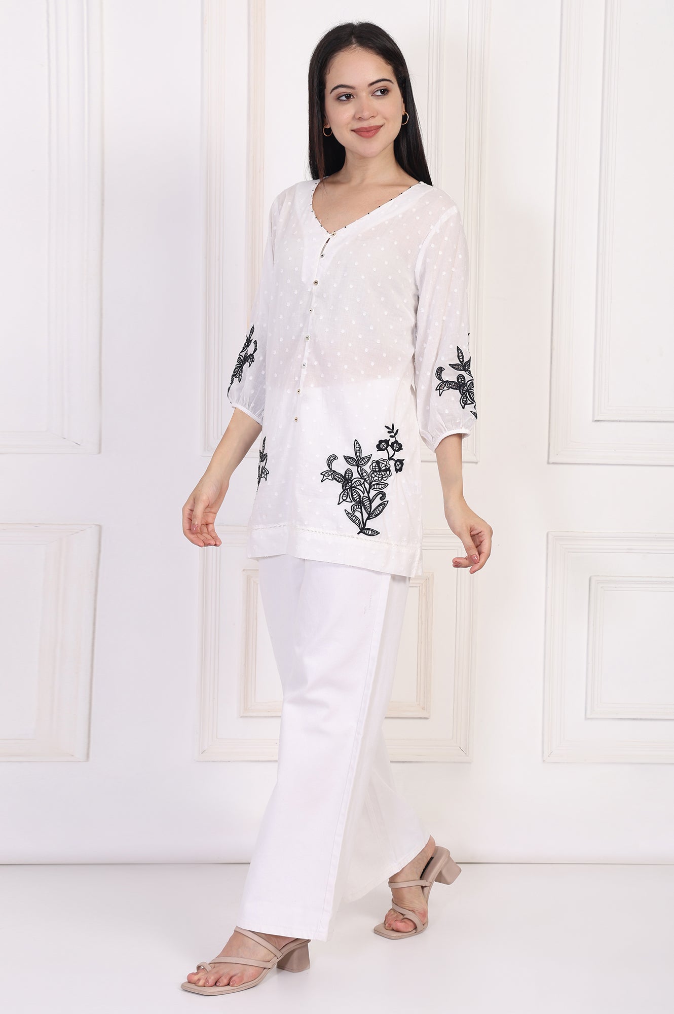 White Polka Dot Embroidered Straight Cotton Top