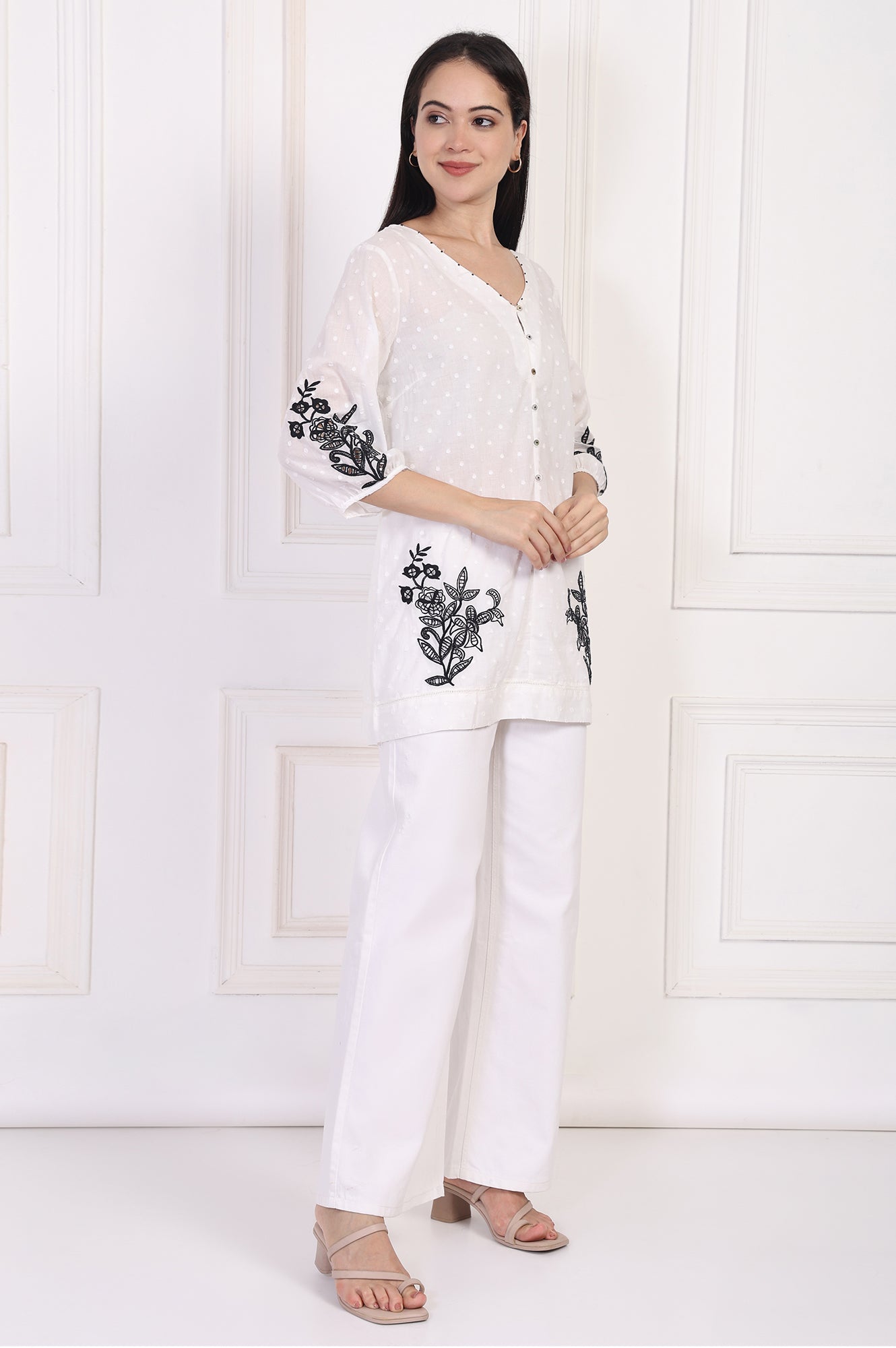 White Polka Dot Embroidered Straight Cotton Top