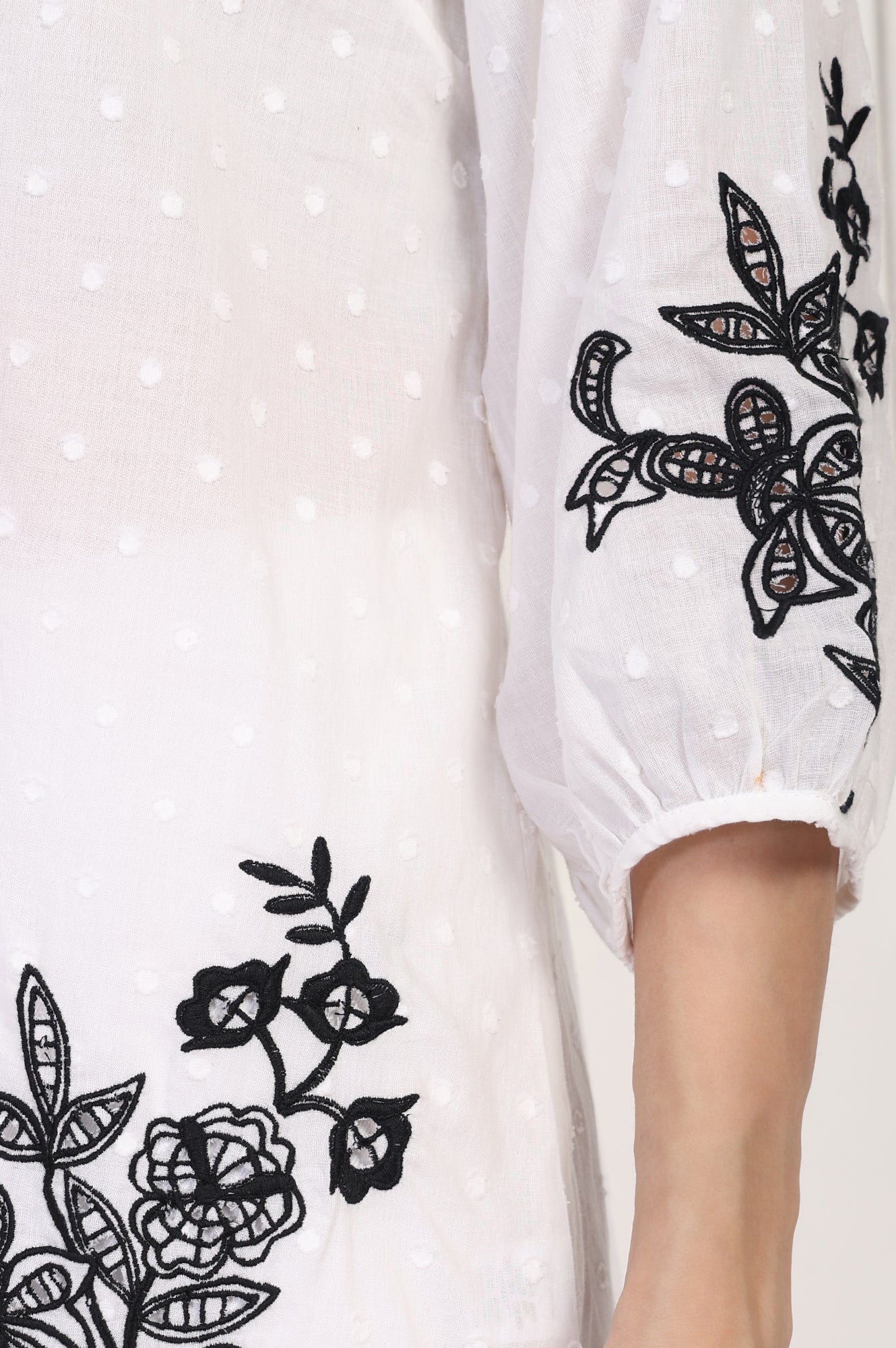 White Polka Dot Embroidered Straight Cotton Top