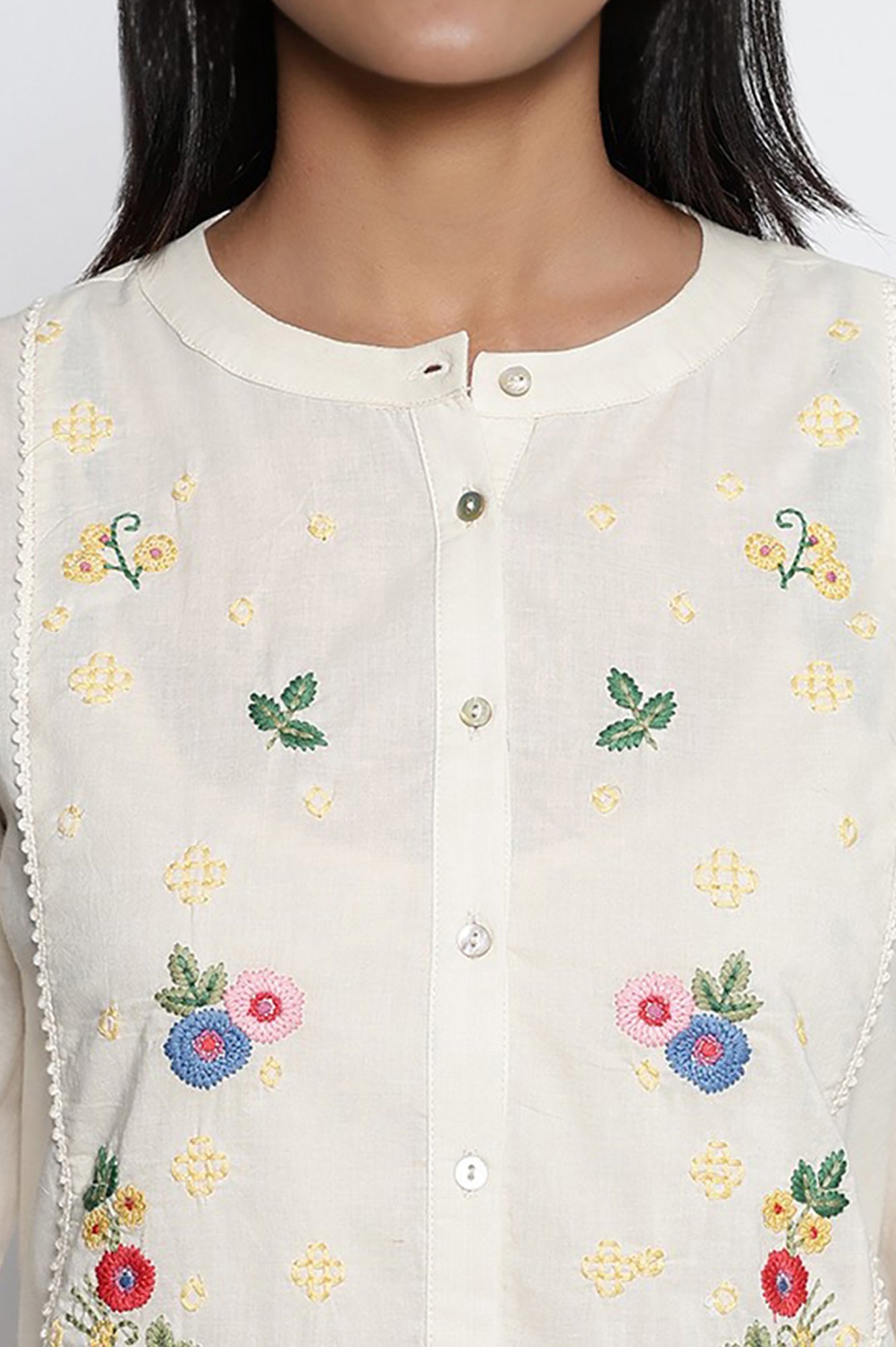 Off White Solid Printed Pure Cotton Straight Top