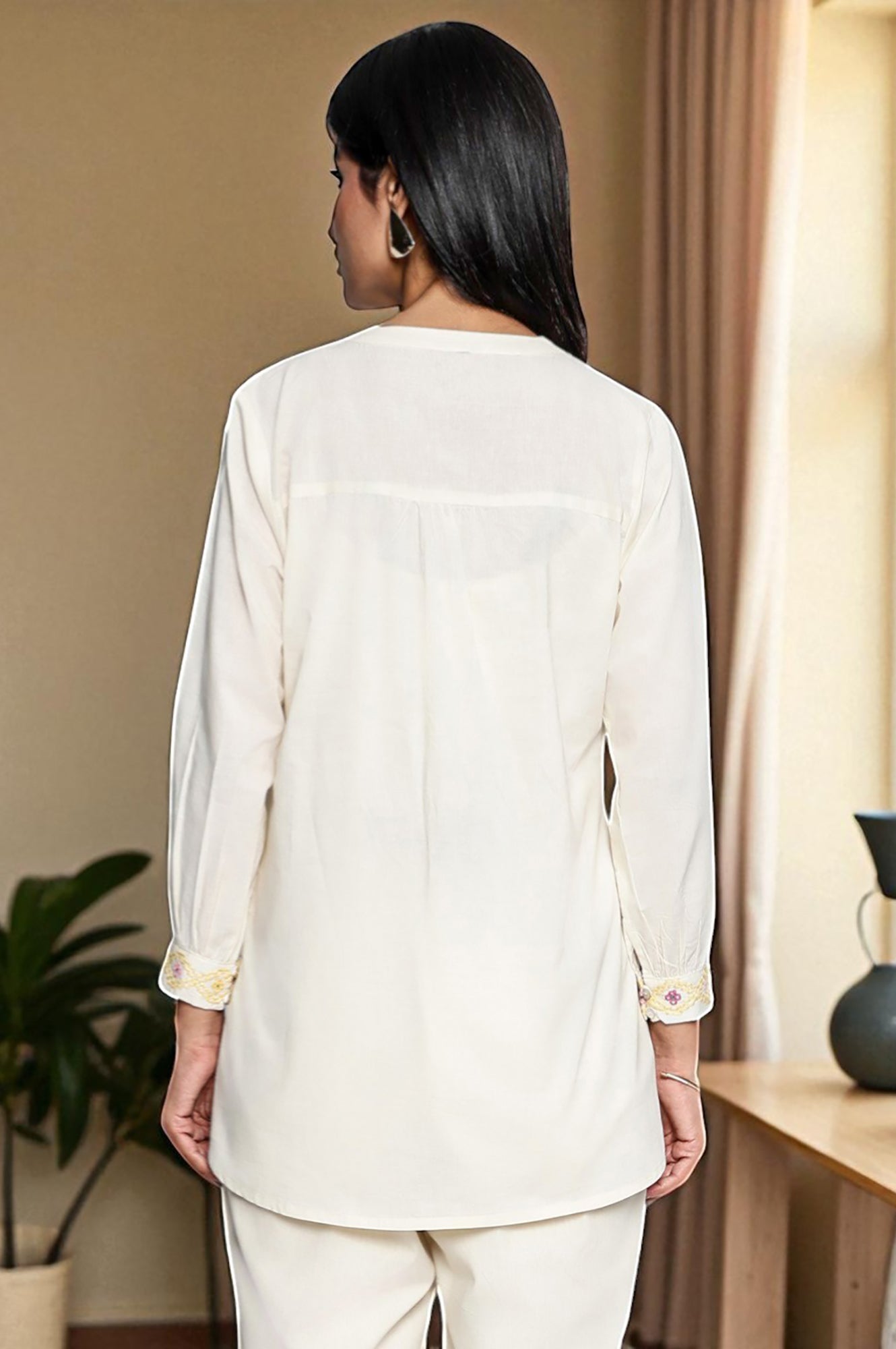 Off White Solid Printed Pure Cotton Straight Top