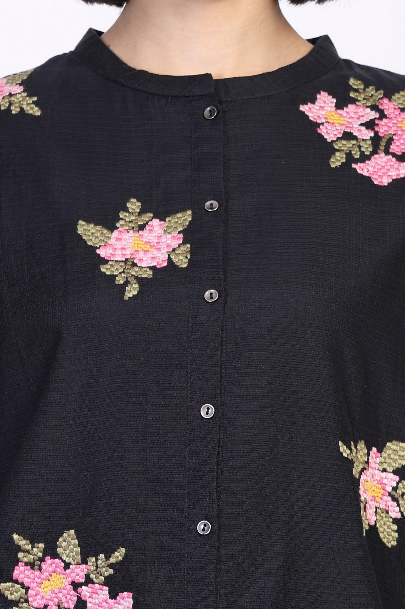 Black Embroidered Floral Thread Work Straight Kota Tunic