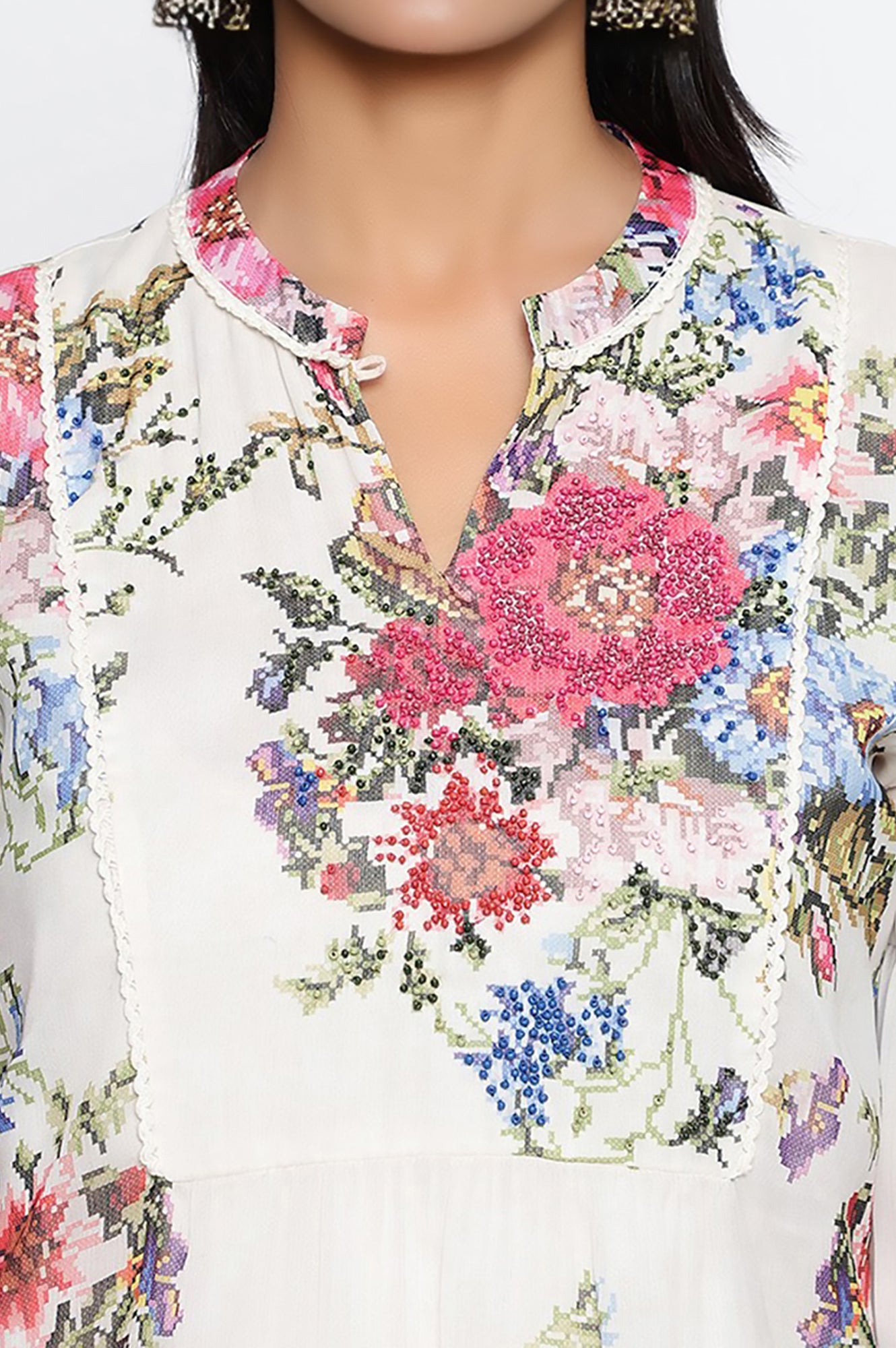 Ecru Floral Printed Chiffon Straight Top