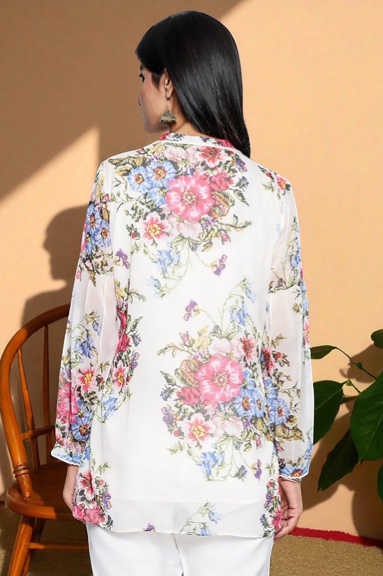 Ecru Floral Printed Chiffon Straight Top