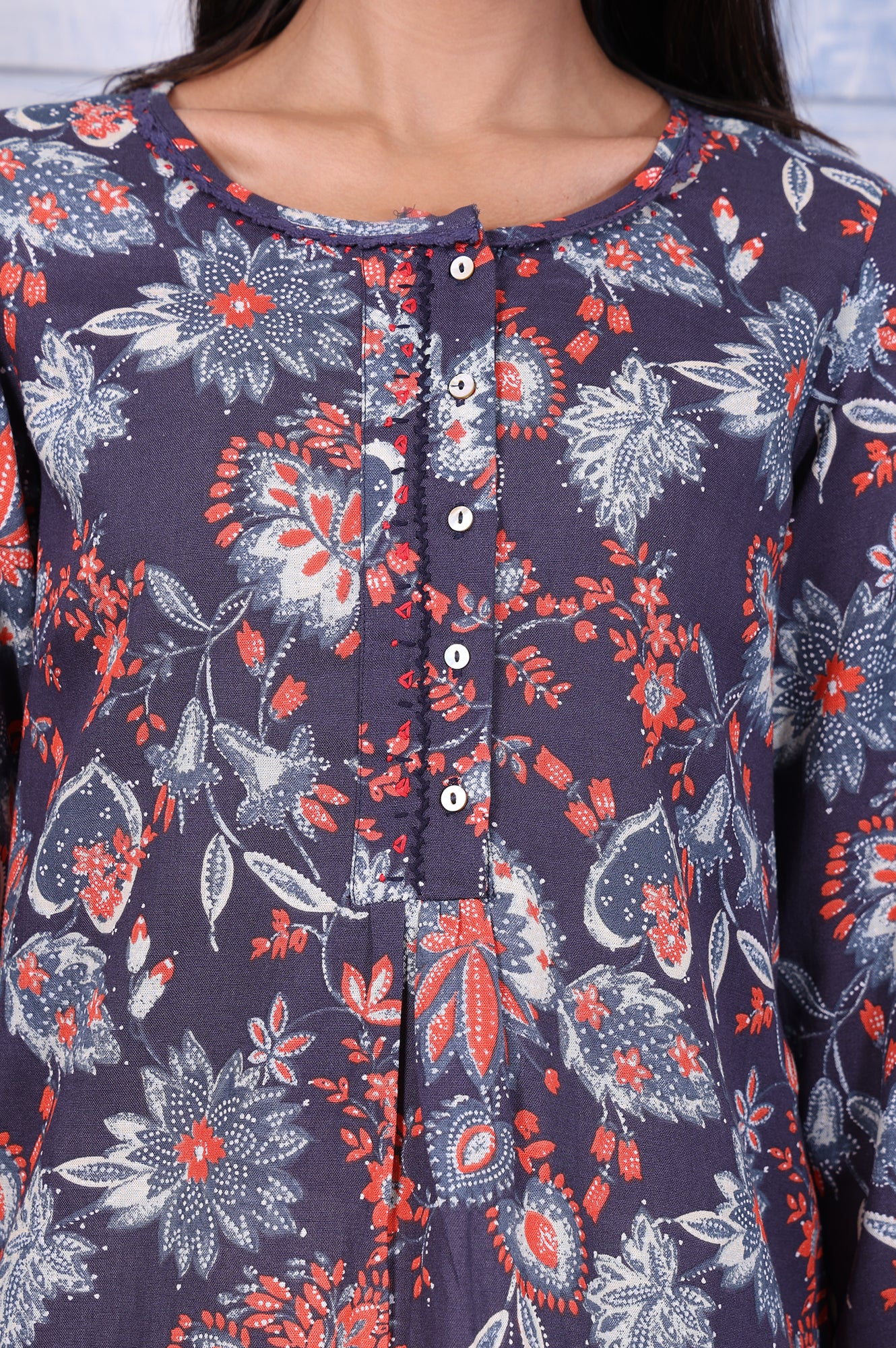 Blue Floral Printed Thread Embroidered Rayon Flax Tops