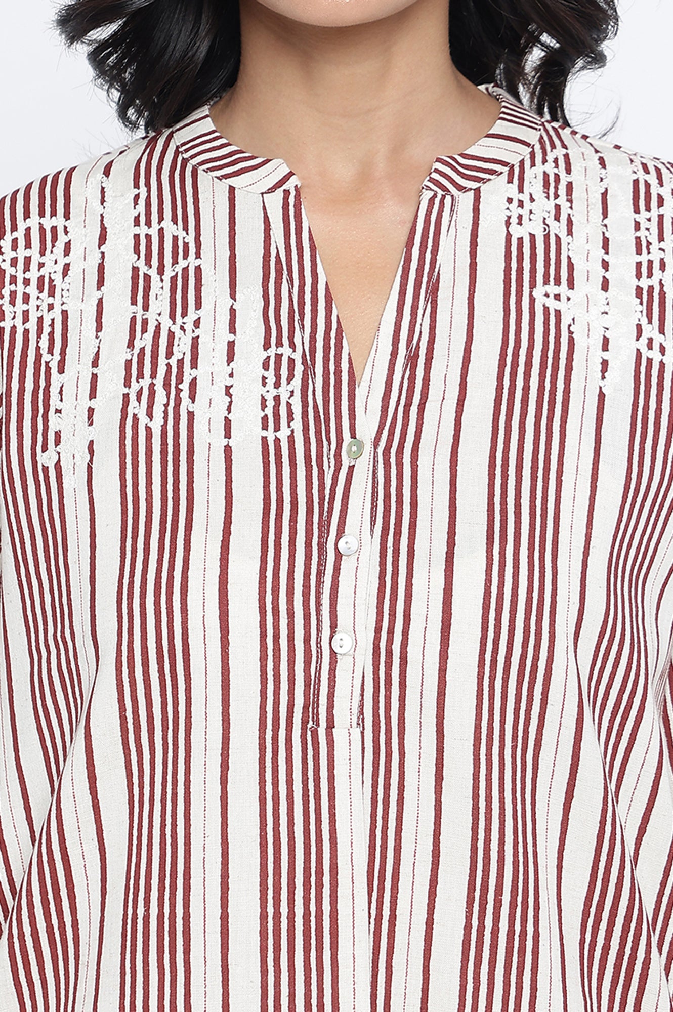 Off White Printed Cotton Flax Straight Top