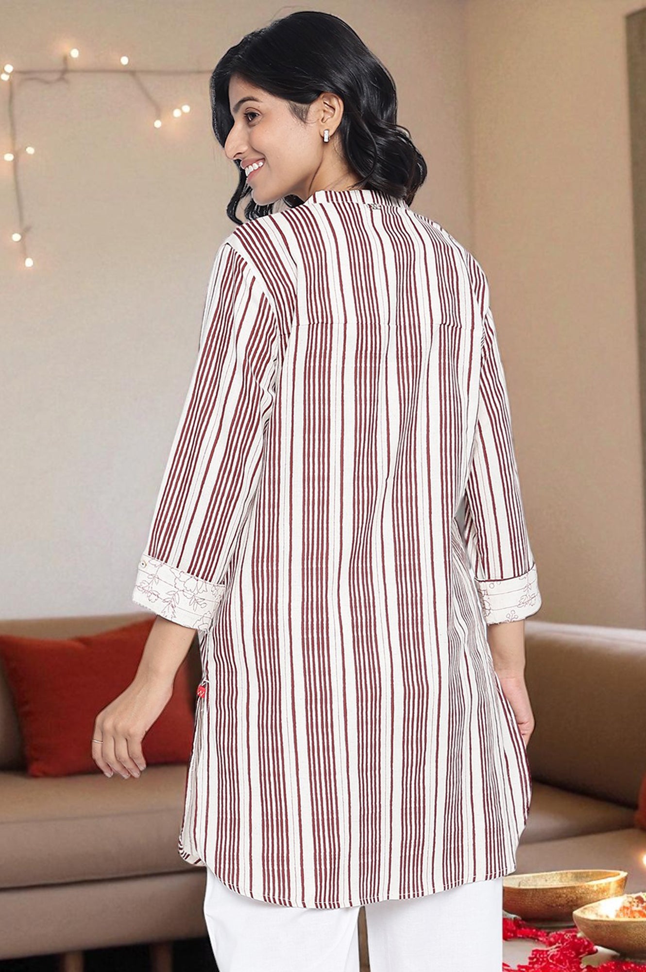 Off White Printed Cotton Flax Straight Top