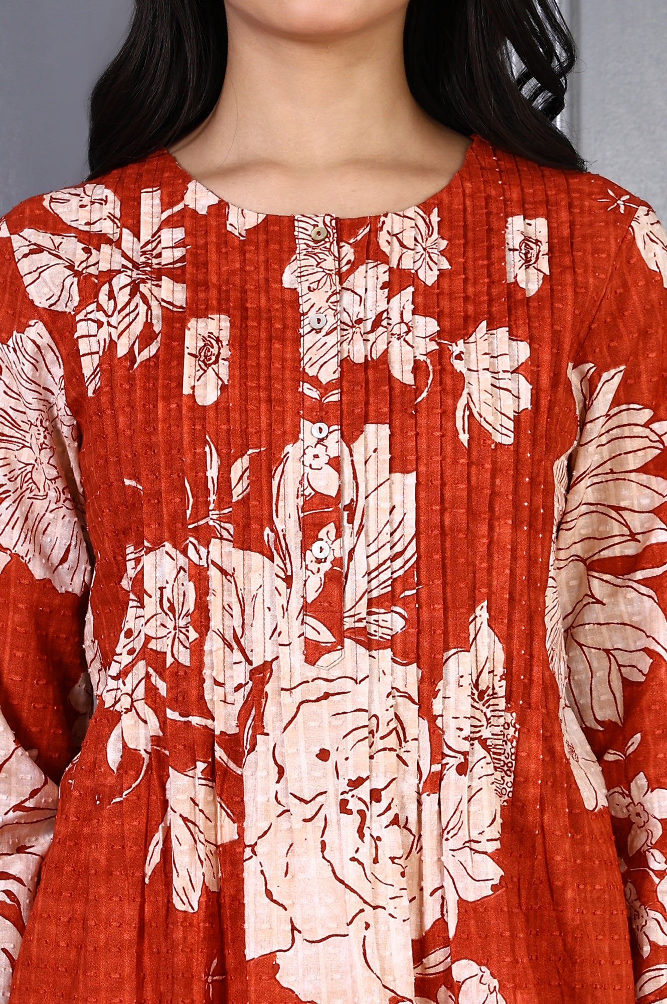 Red Floral Printed Pintuck Pure Cotton A-line Top with Lace