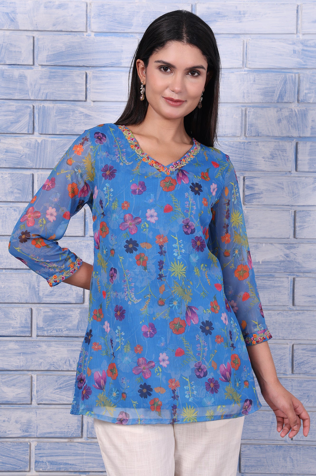Buy Blue Floral Printed Thread Embroidered Silver Chiffon Tops