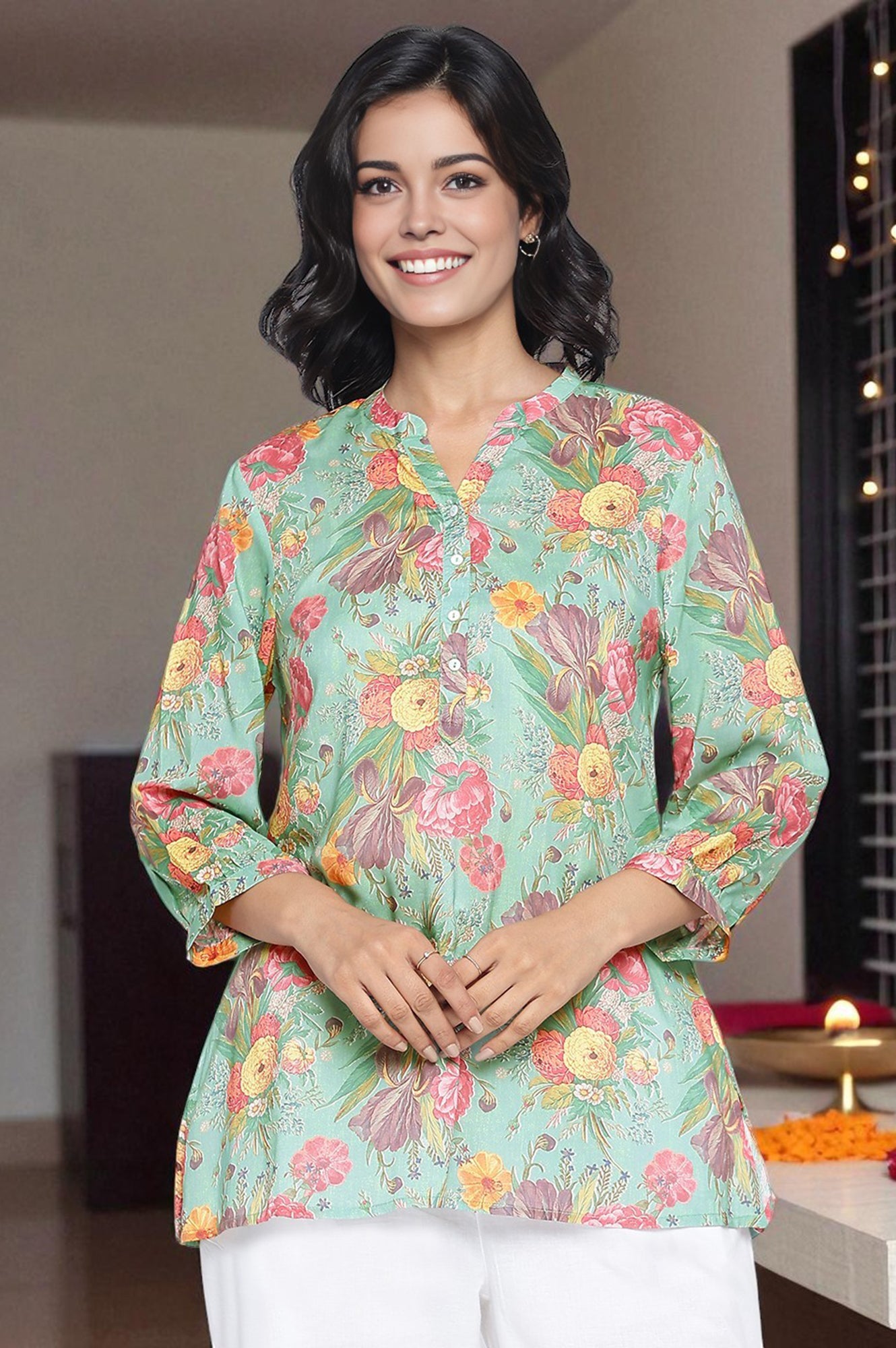 Green Printed Modal Straight Top