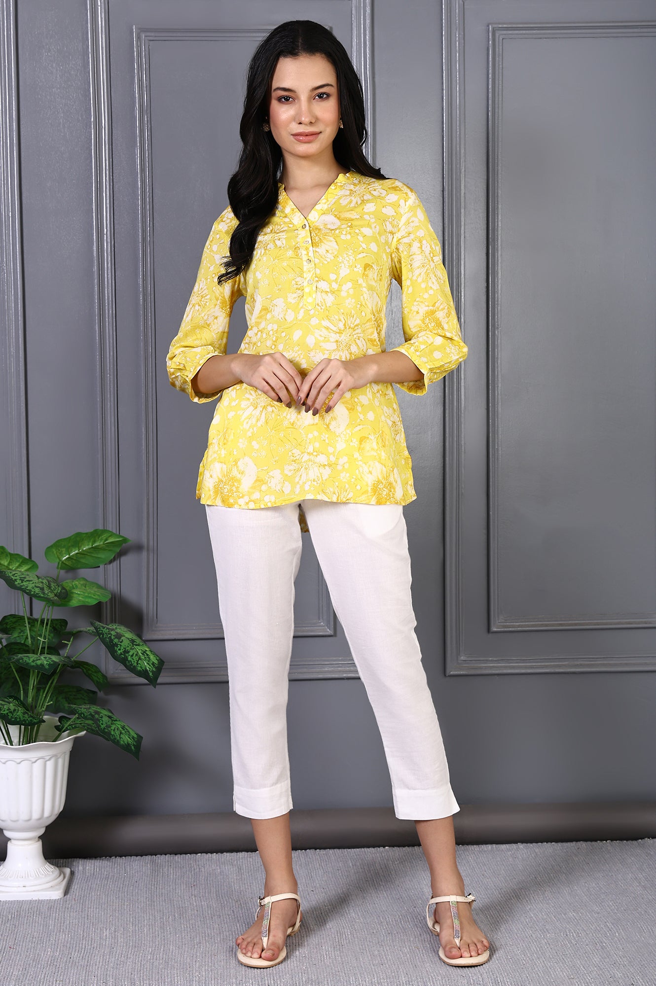 Yellow Floral Printed Modal Straight Top
