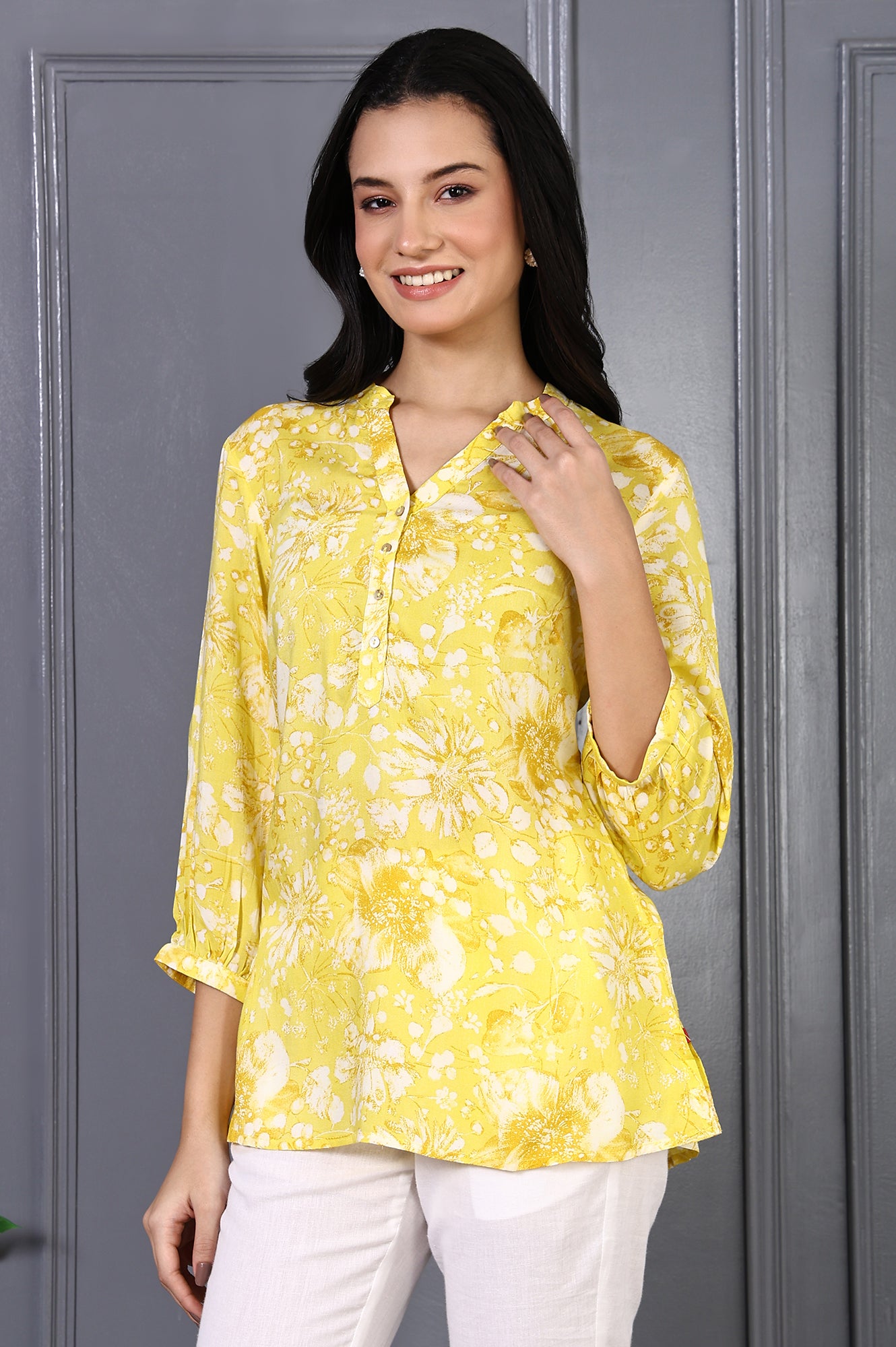 Yellow Floral Printed Modal Straight Top