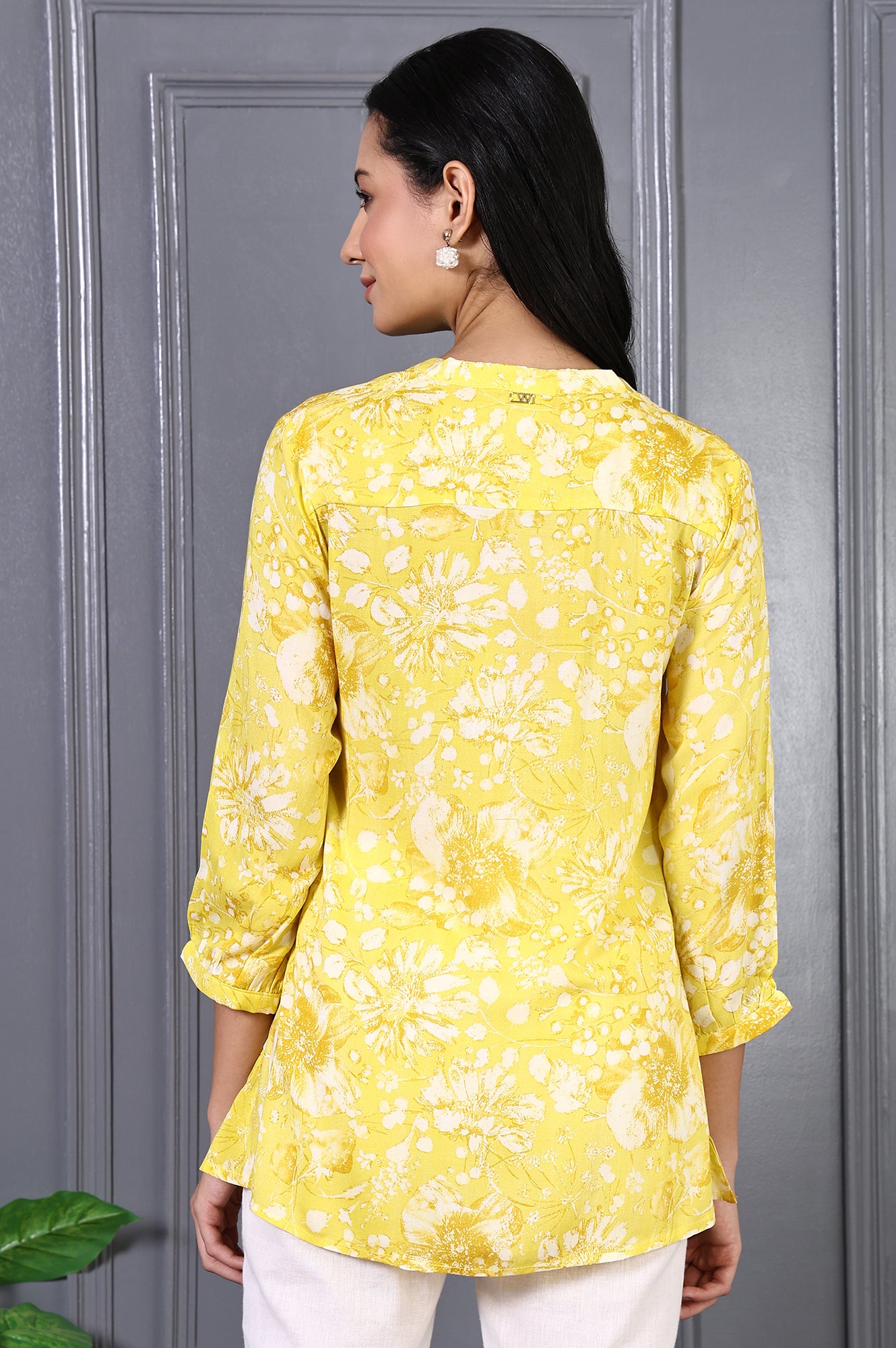 Yellow Floral Printed Modal Straight Top