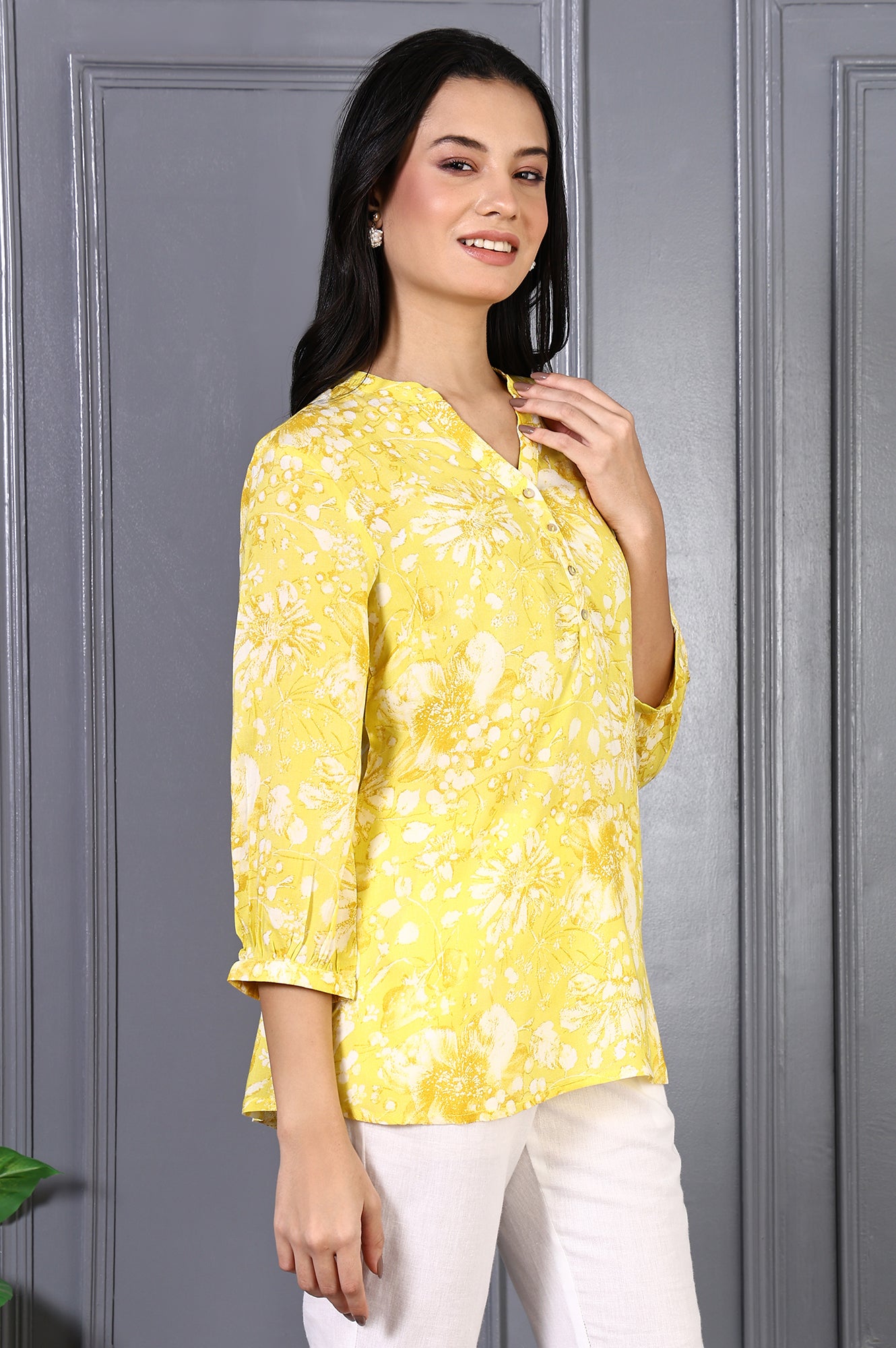 Yellow Floral Printed Modal Straight Top