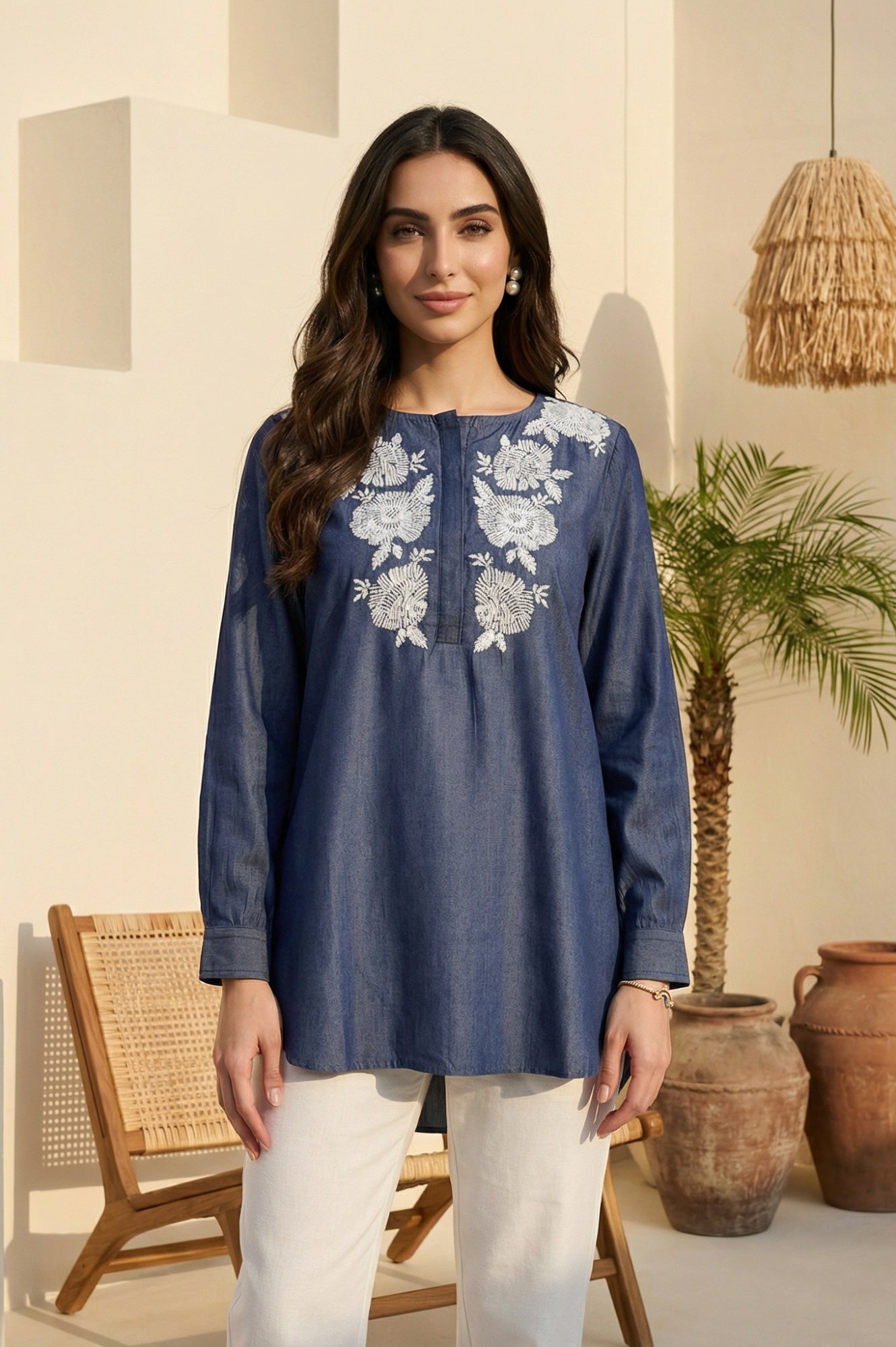 Blue Yarn Dyed Embroidered Tencel Straight Tunic