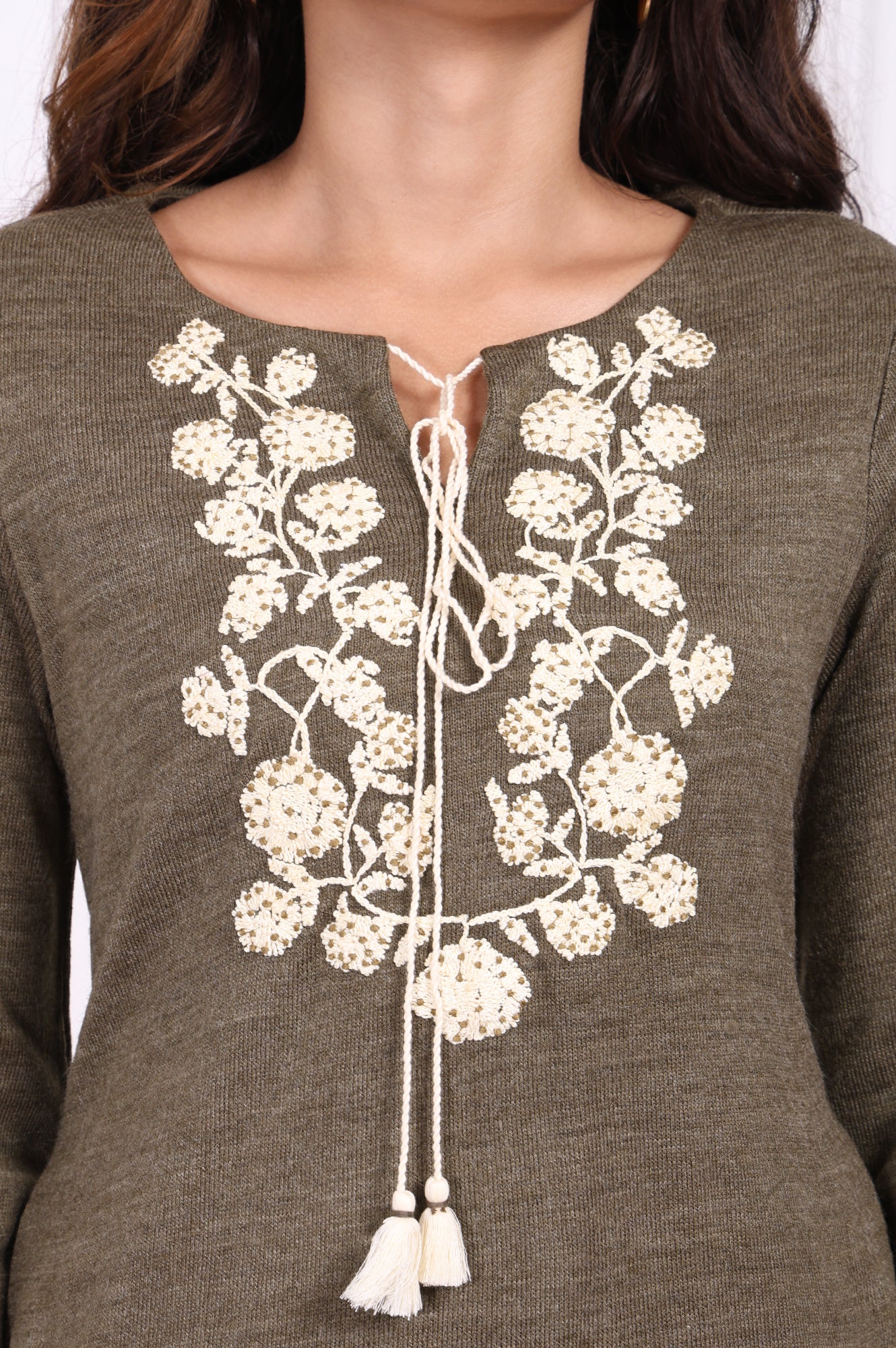 Olive Embroidered Floral Tassel Straight Acrylic Tunic