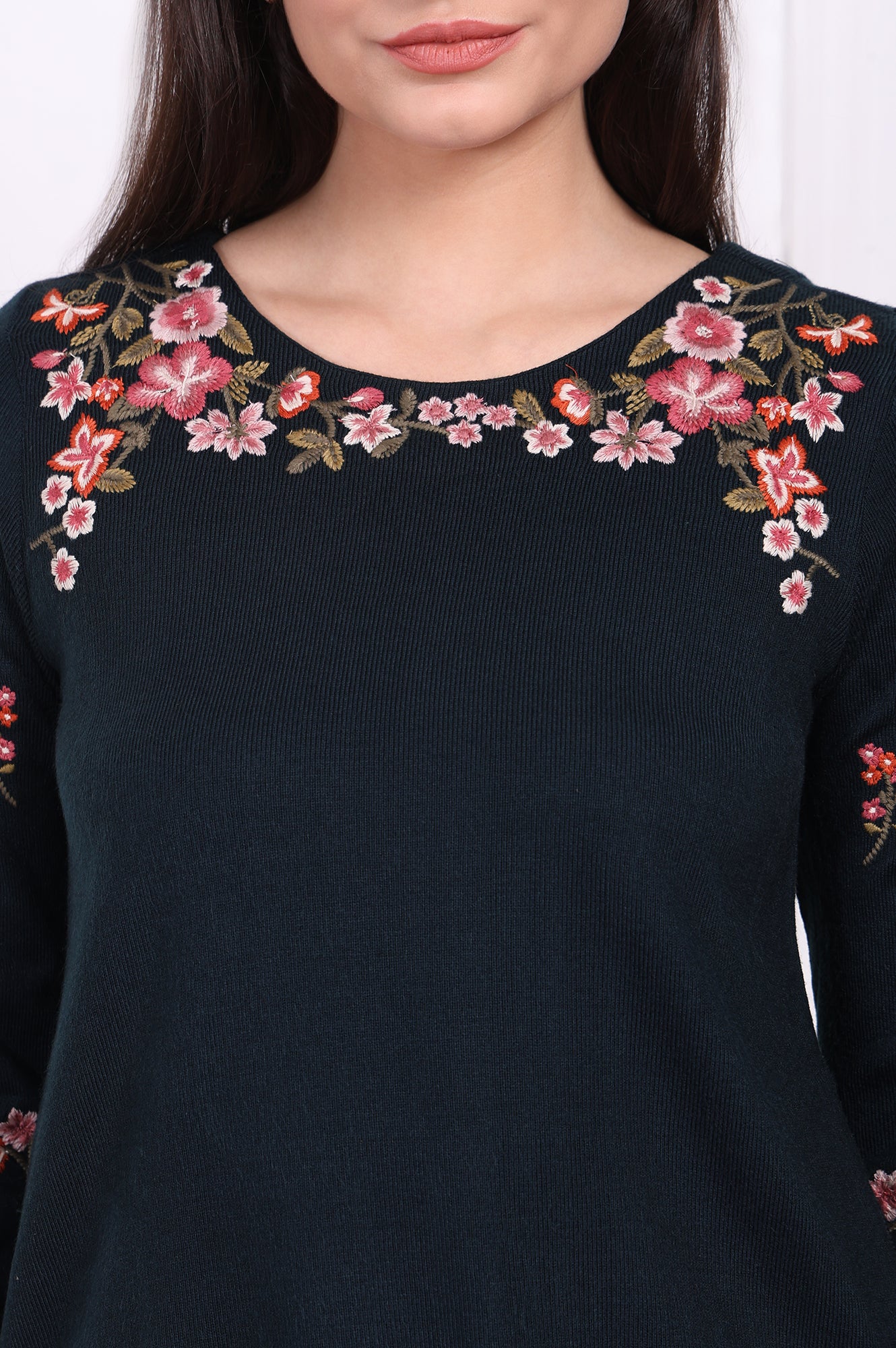 Navy Blue Floral Printed Embroidered Acrylic Straight Tunic