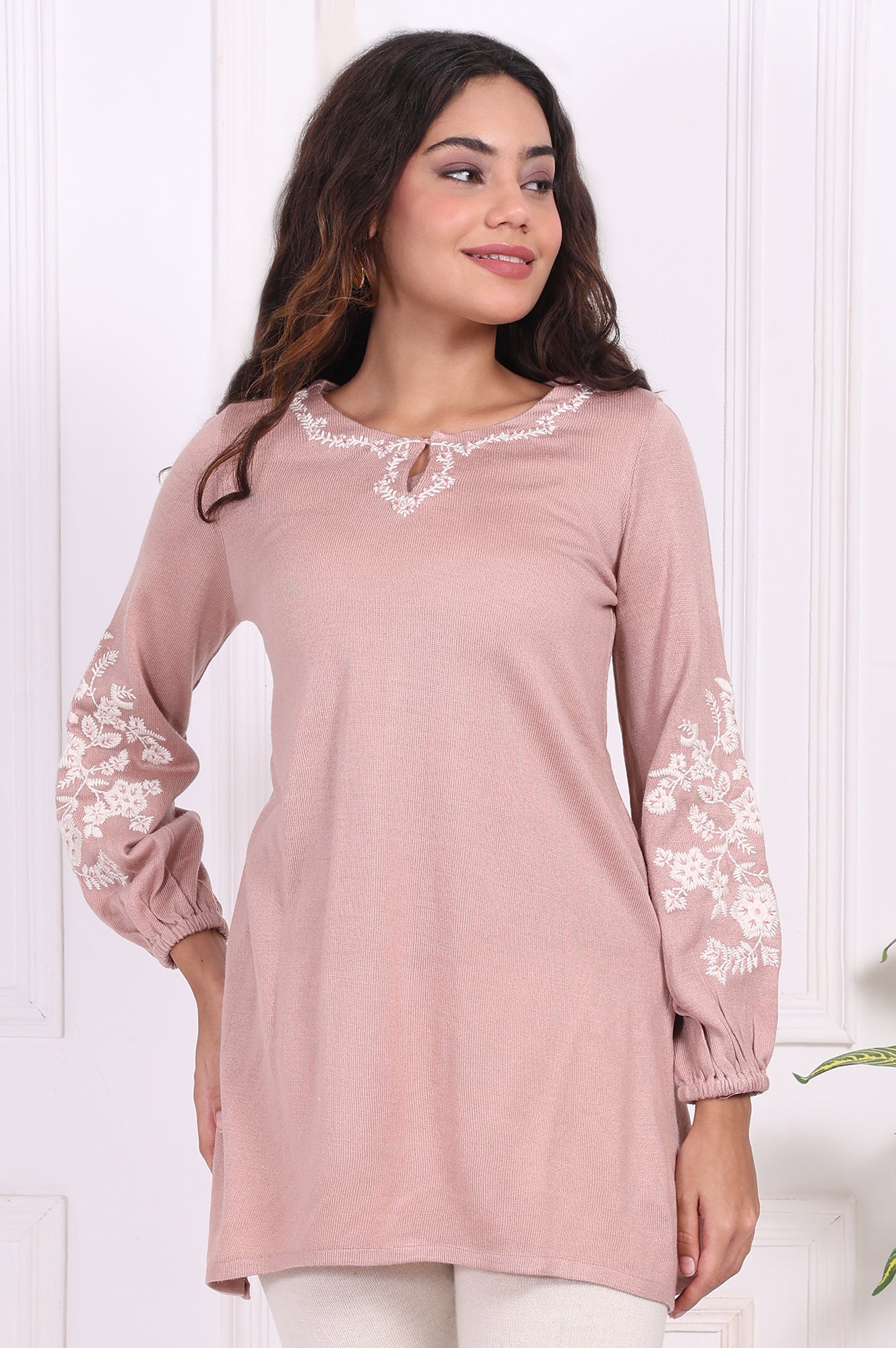 Pink Embroidered Floral Straight Acrylic Tunic