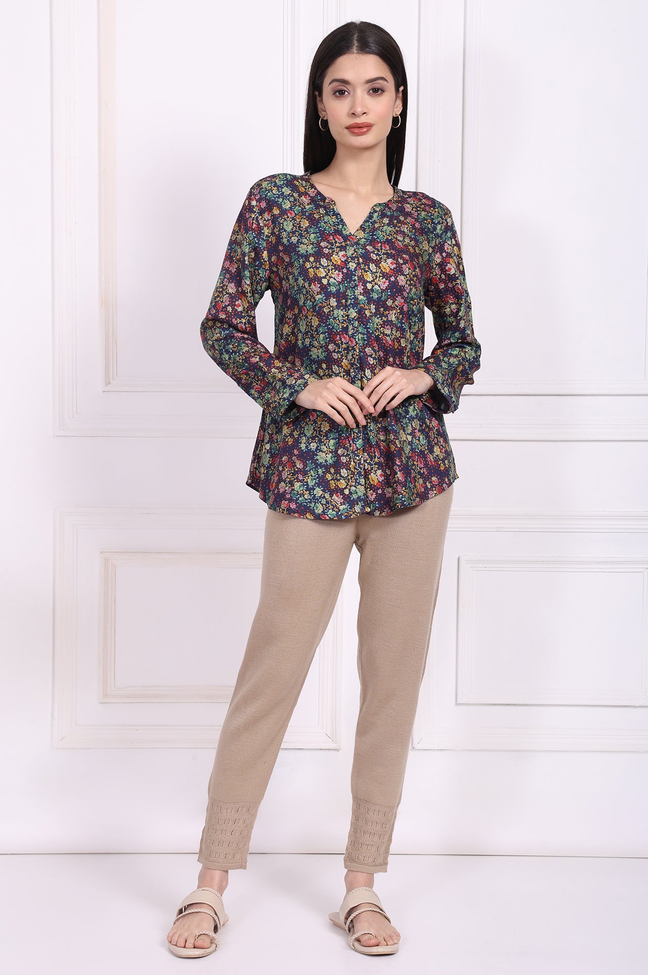 Navy Floral Printed Relaxed Fit Viscose Shirt