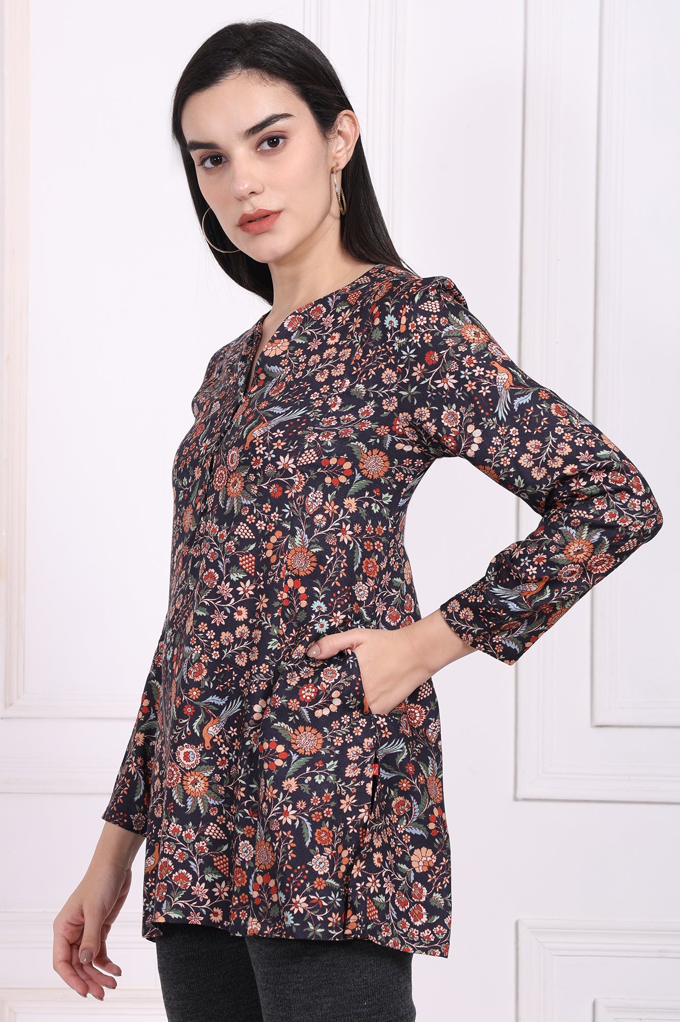 Navy Blue Floral Printed A-Line Rayon Tunic