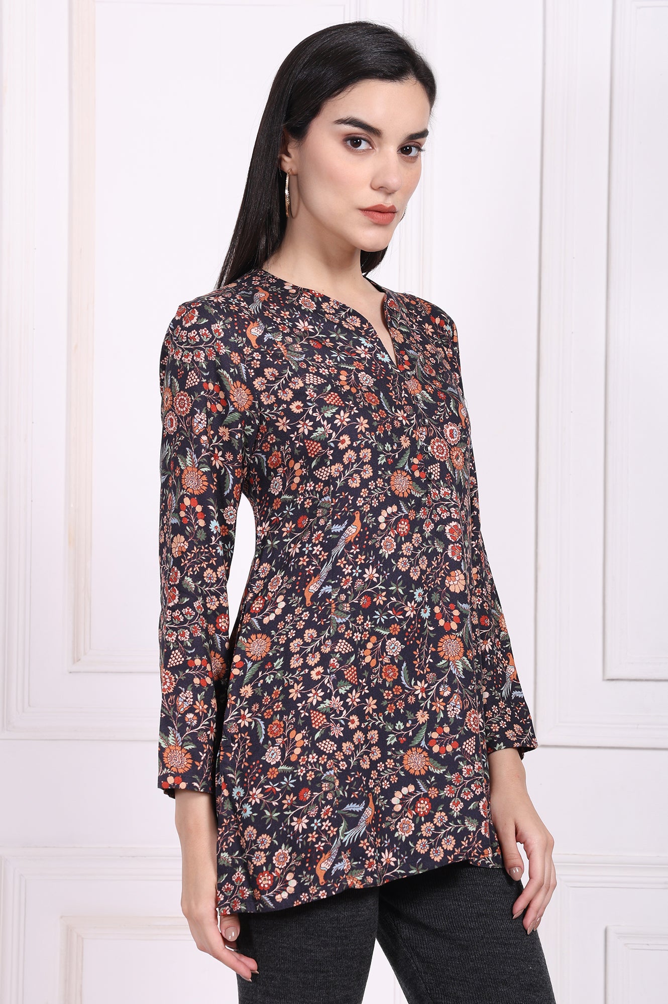 Navy Blue Floral Printed A-Line Rayon Tunic