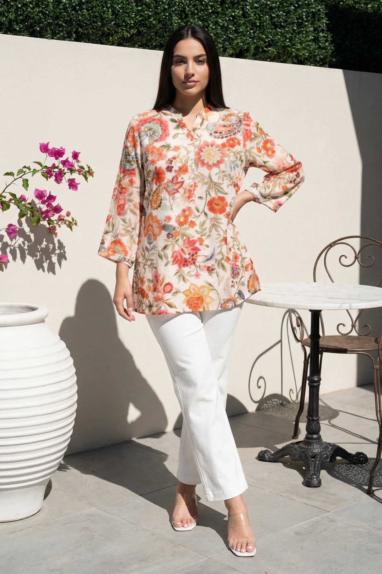 Beige Floral Printed Straight Top