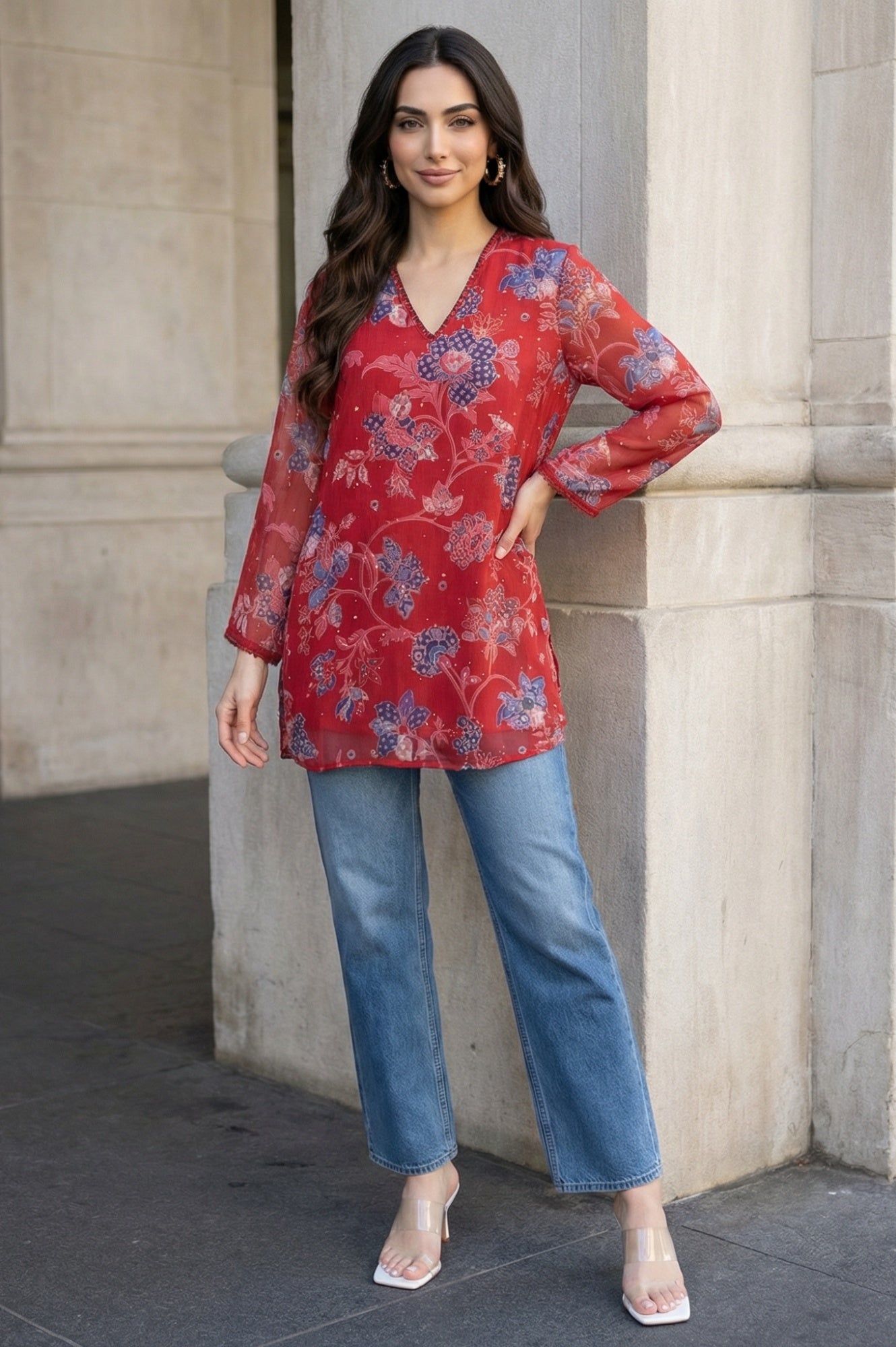 Red Floral Printed Chiffon Straight Top