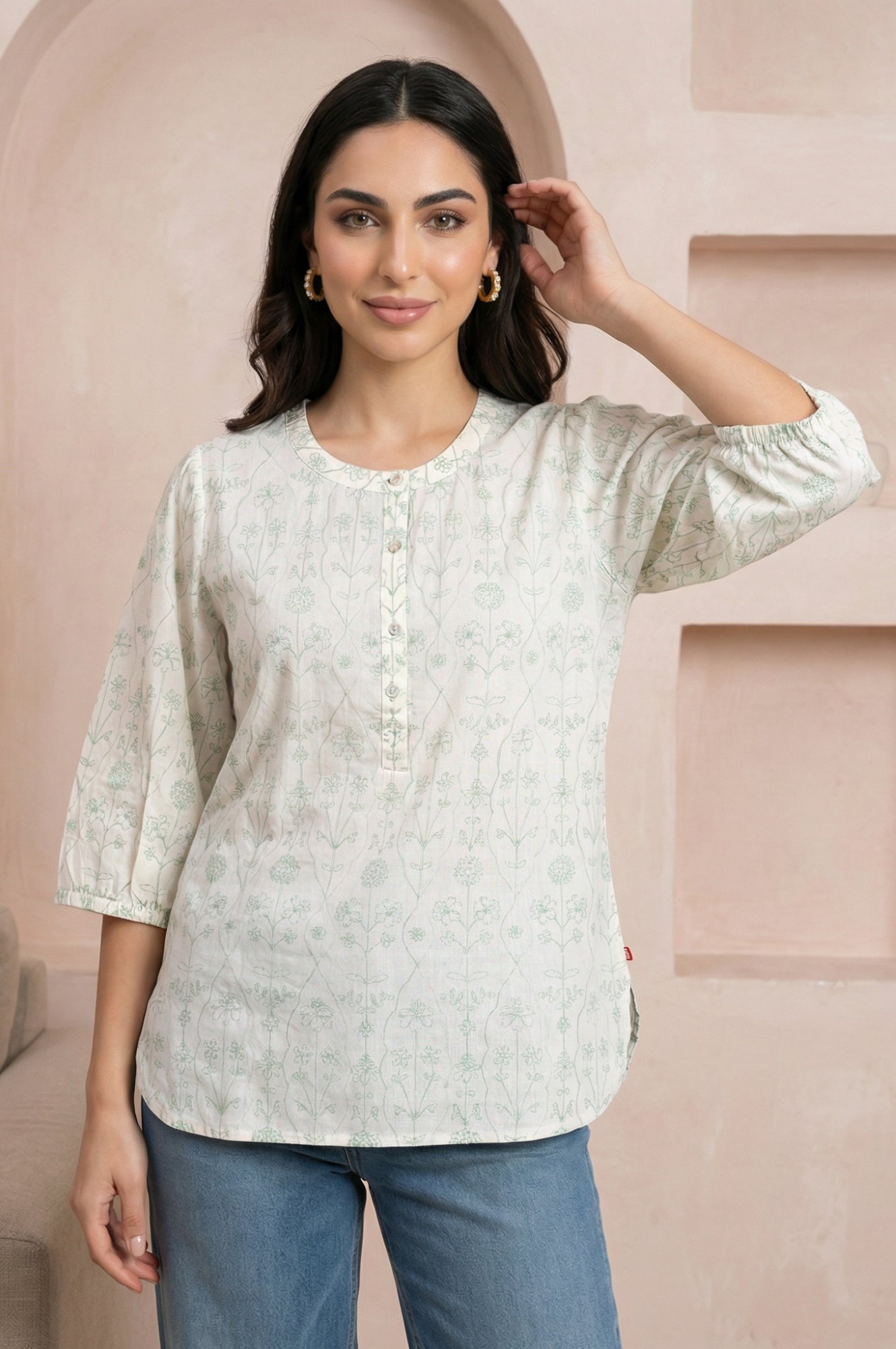 Light Green Schiffli Embroidered Pure Cotton Straight Top
