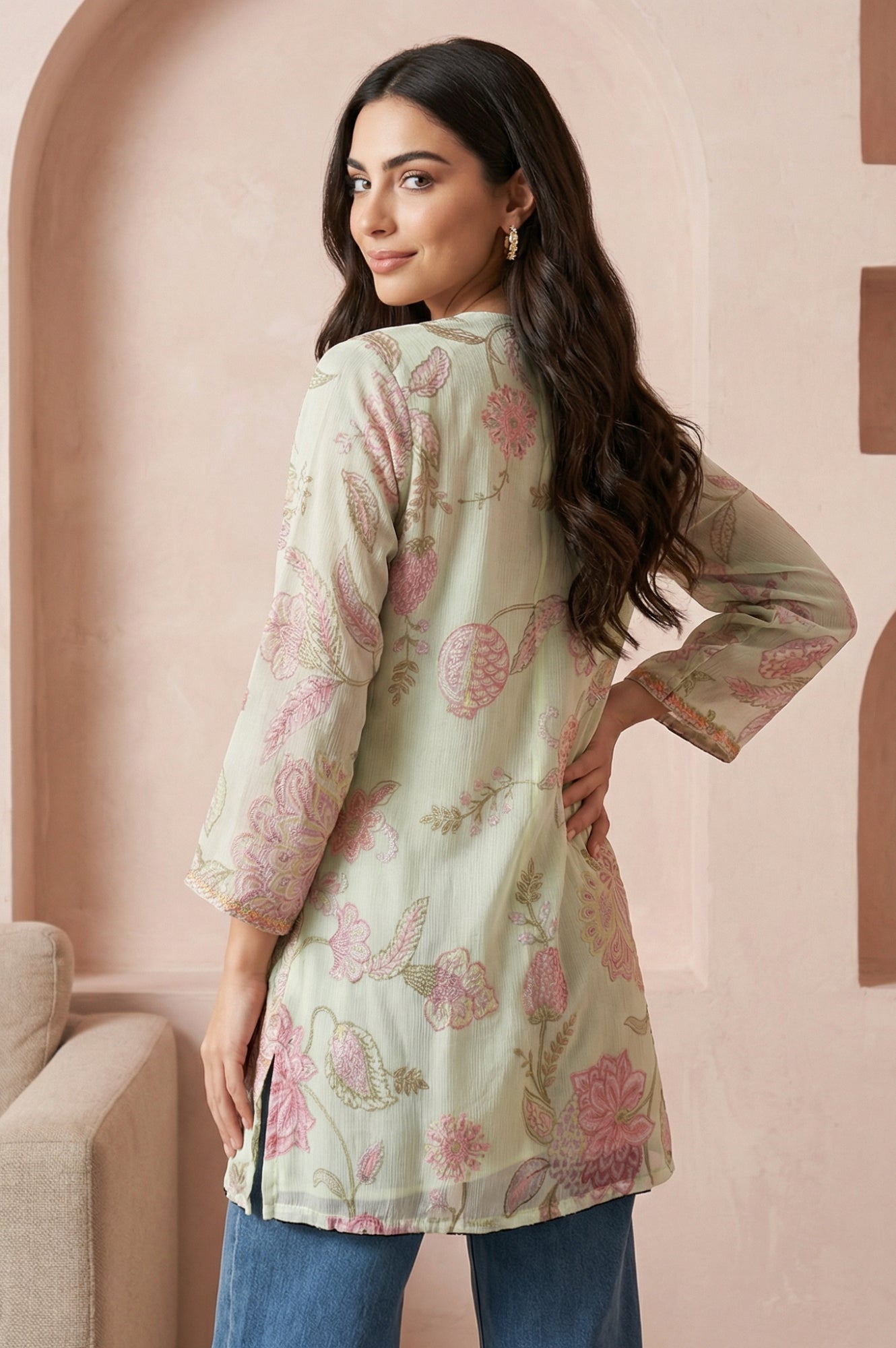 Green Embroidered Chiffon Straight Top