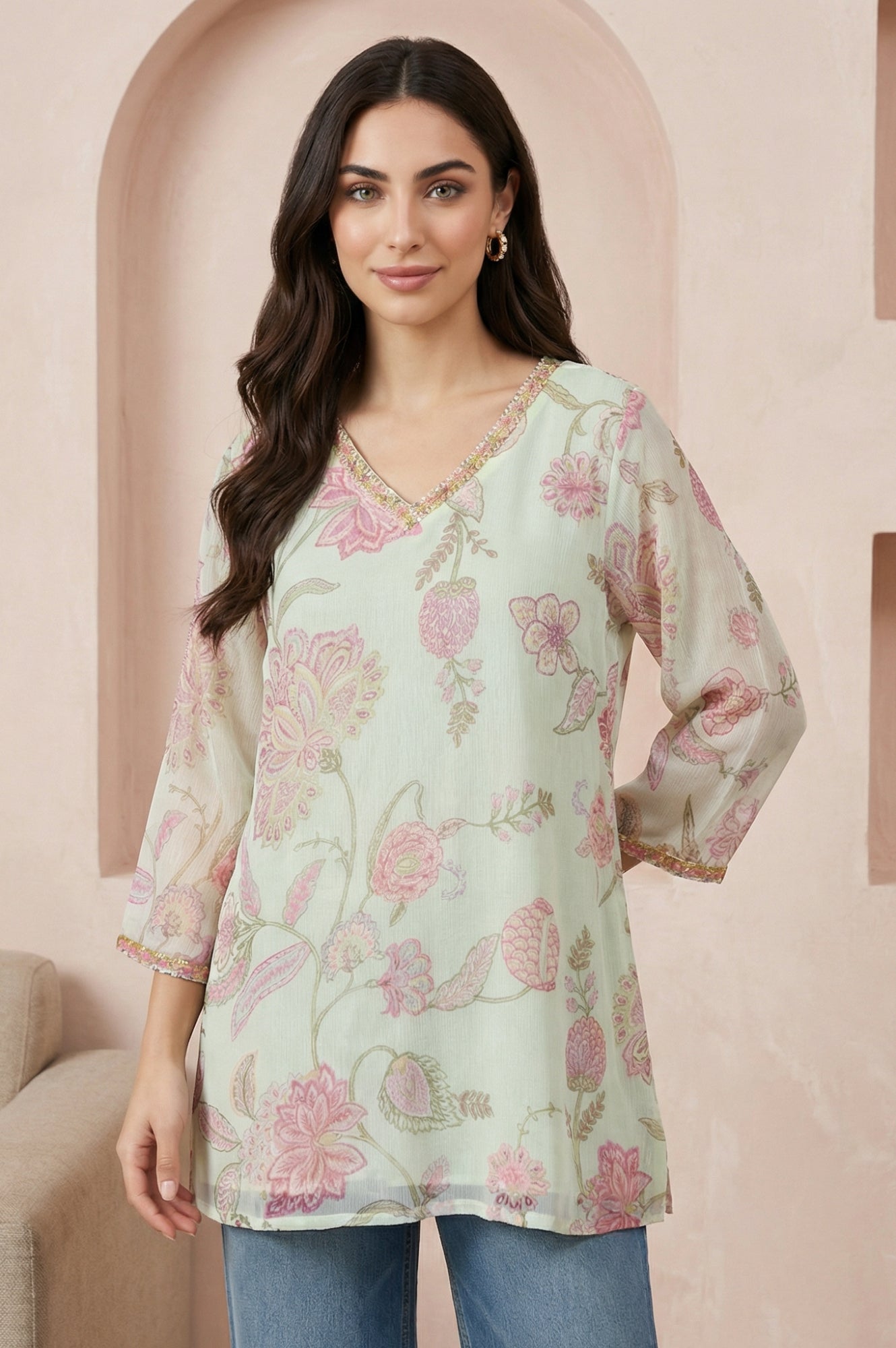 Green Embroidered Chiffon Straight Top