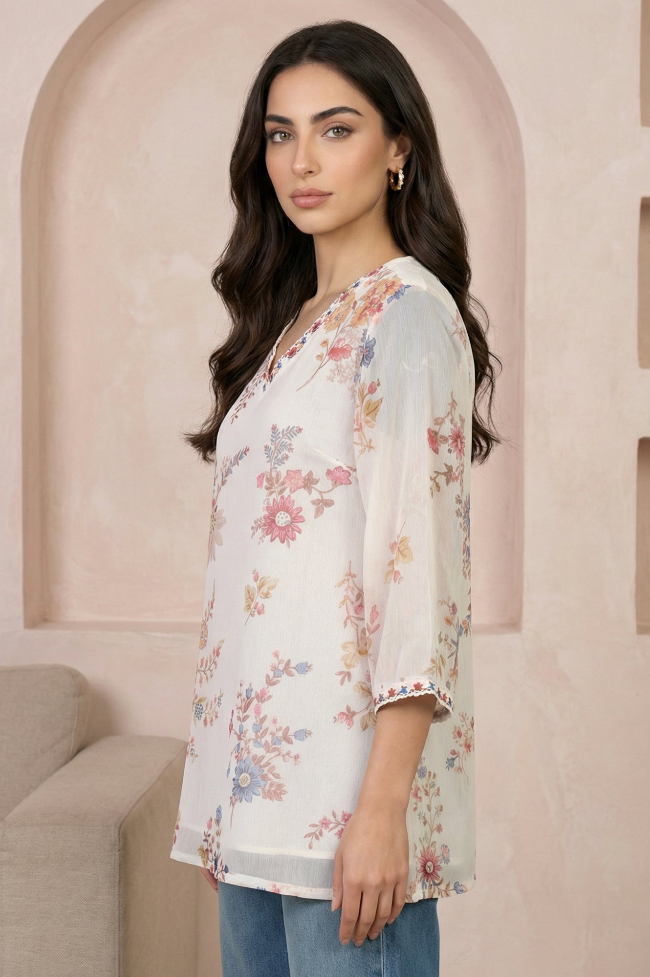 Off White Embroidered Chiffon Straight Top