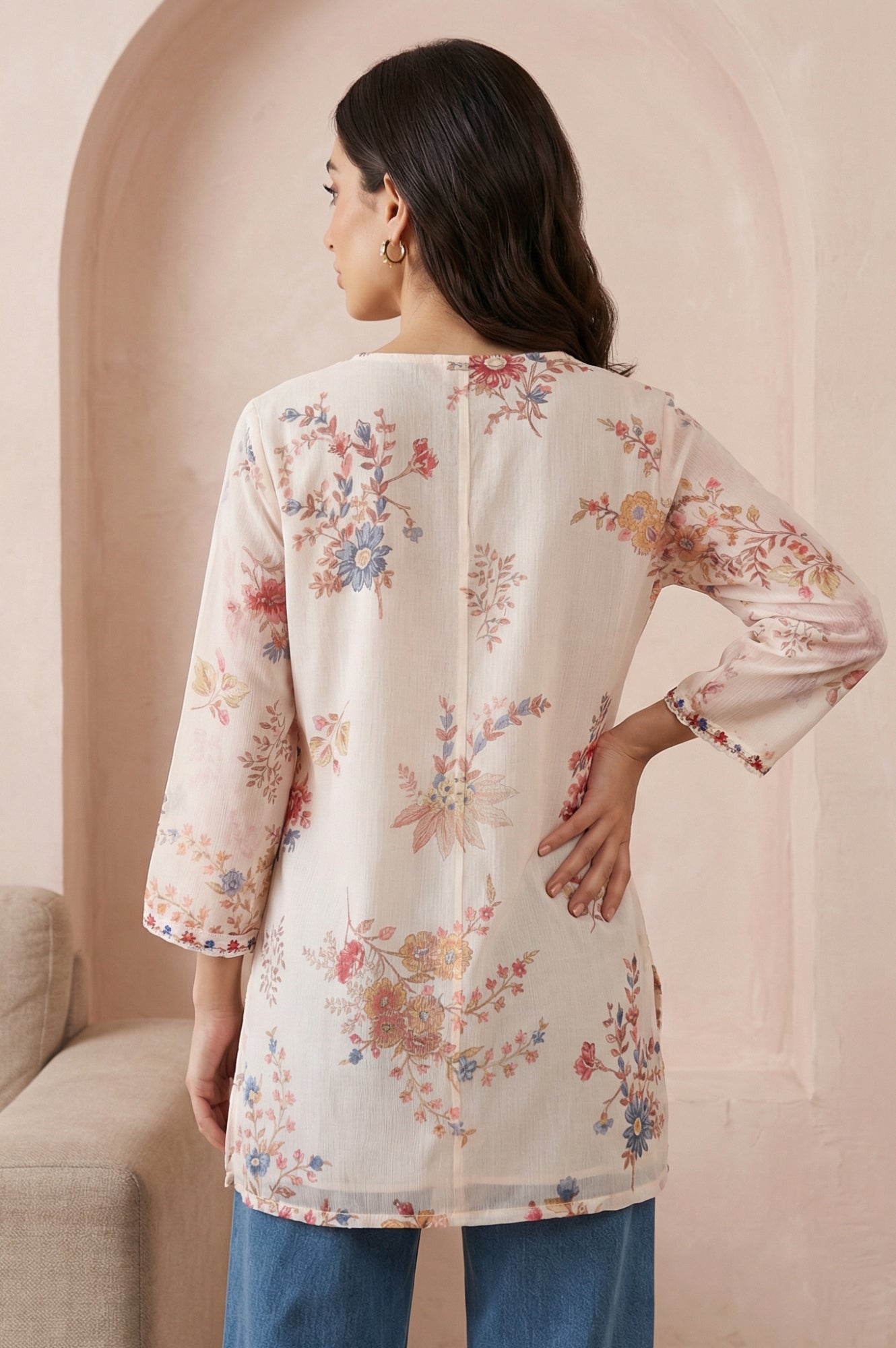 Off White Embroidered Chiffon Straight Top