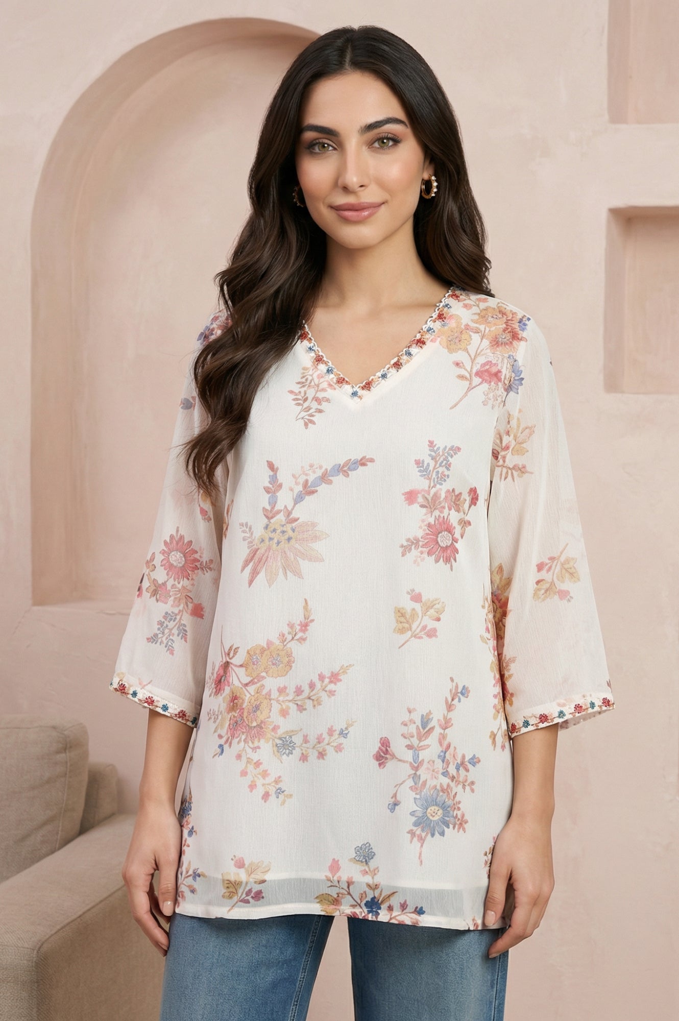 Off White Embroidered Chiffon Straight Top