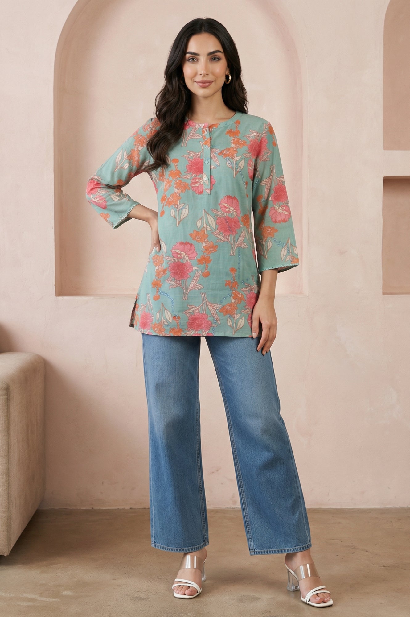 Sea Green Floral Printed Modal Straight Top