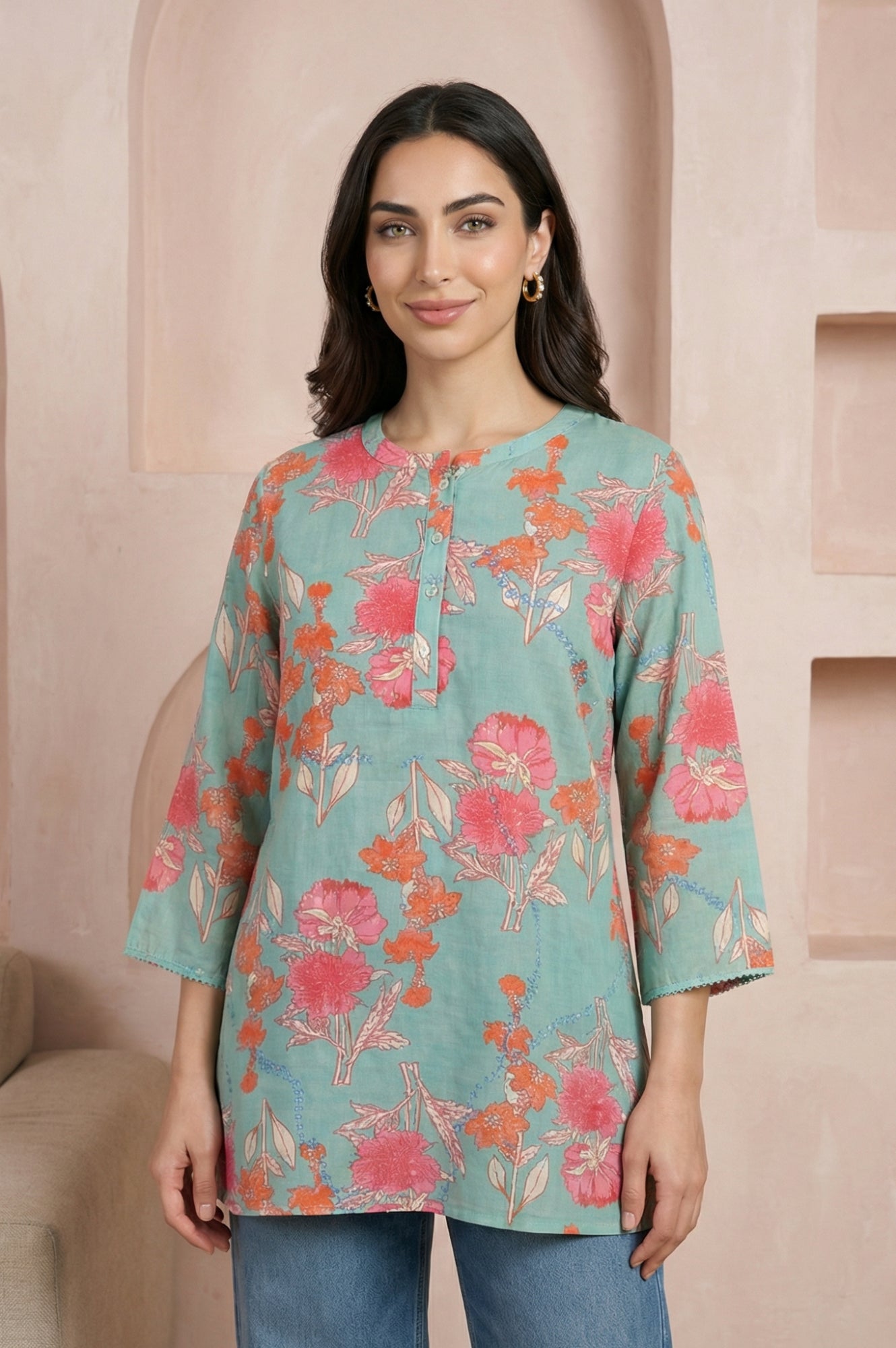 Sea Green Floral Printed Modal Straight Top