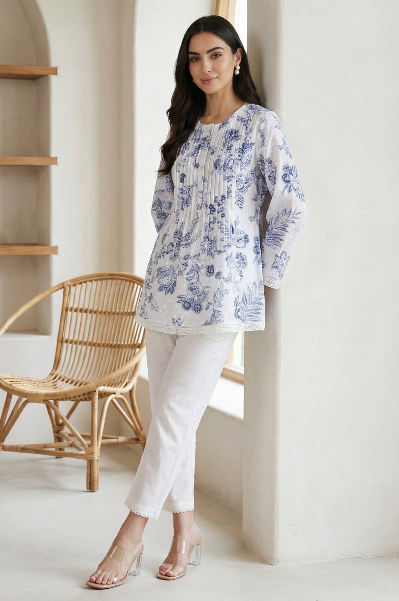 White Floral Printed Lace Pure Cotton Straight Top