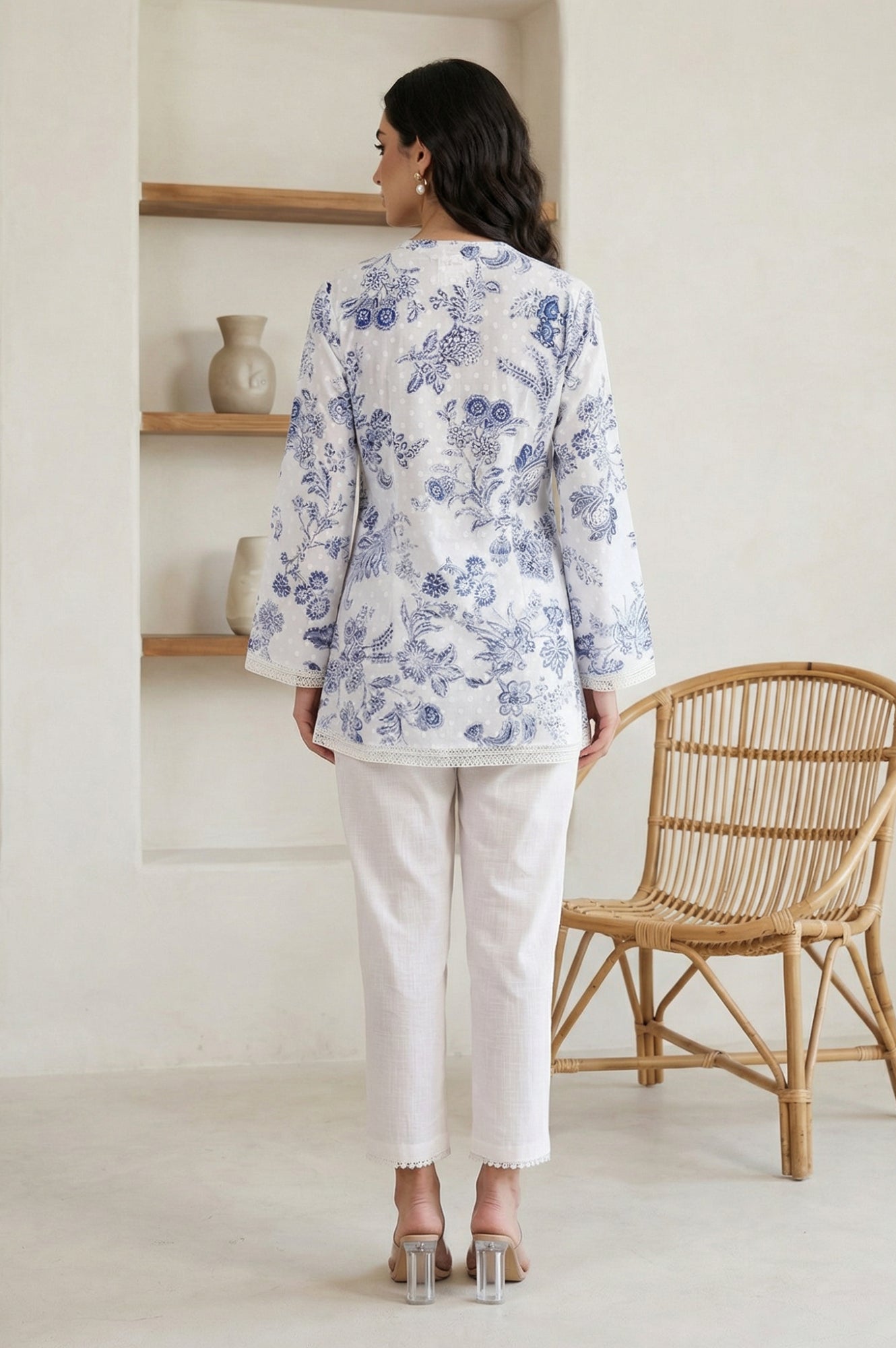 White Floral Printed Lace Pure Cotton Straight Top