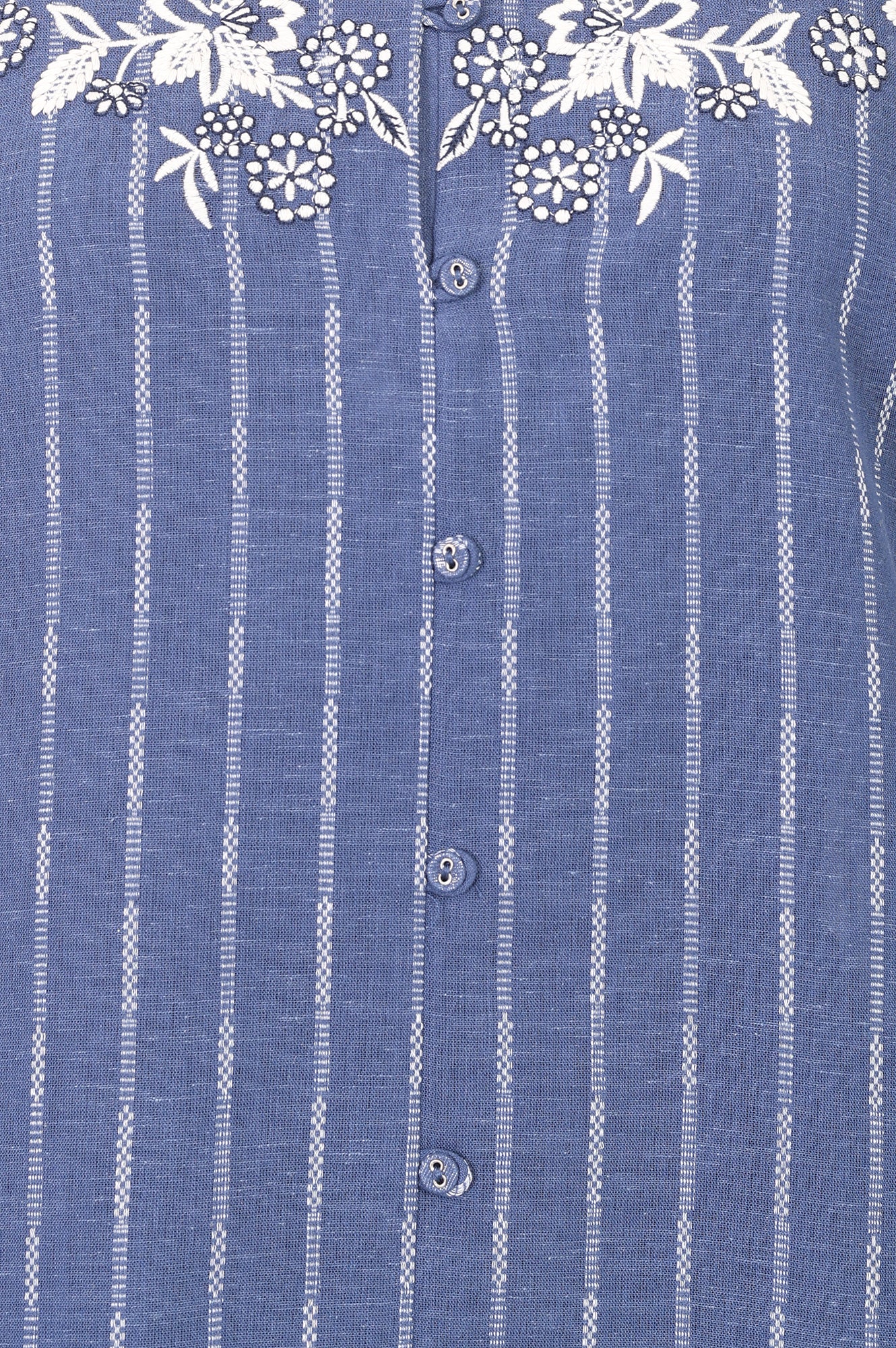 Blue Striped Embroidered Cotton Rayon Straight Top