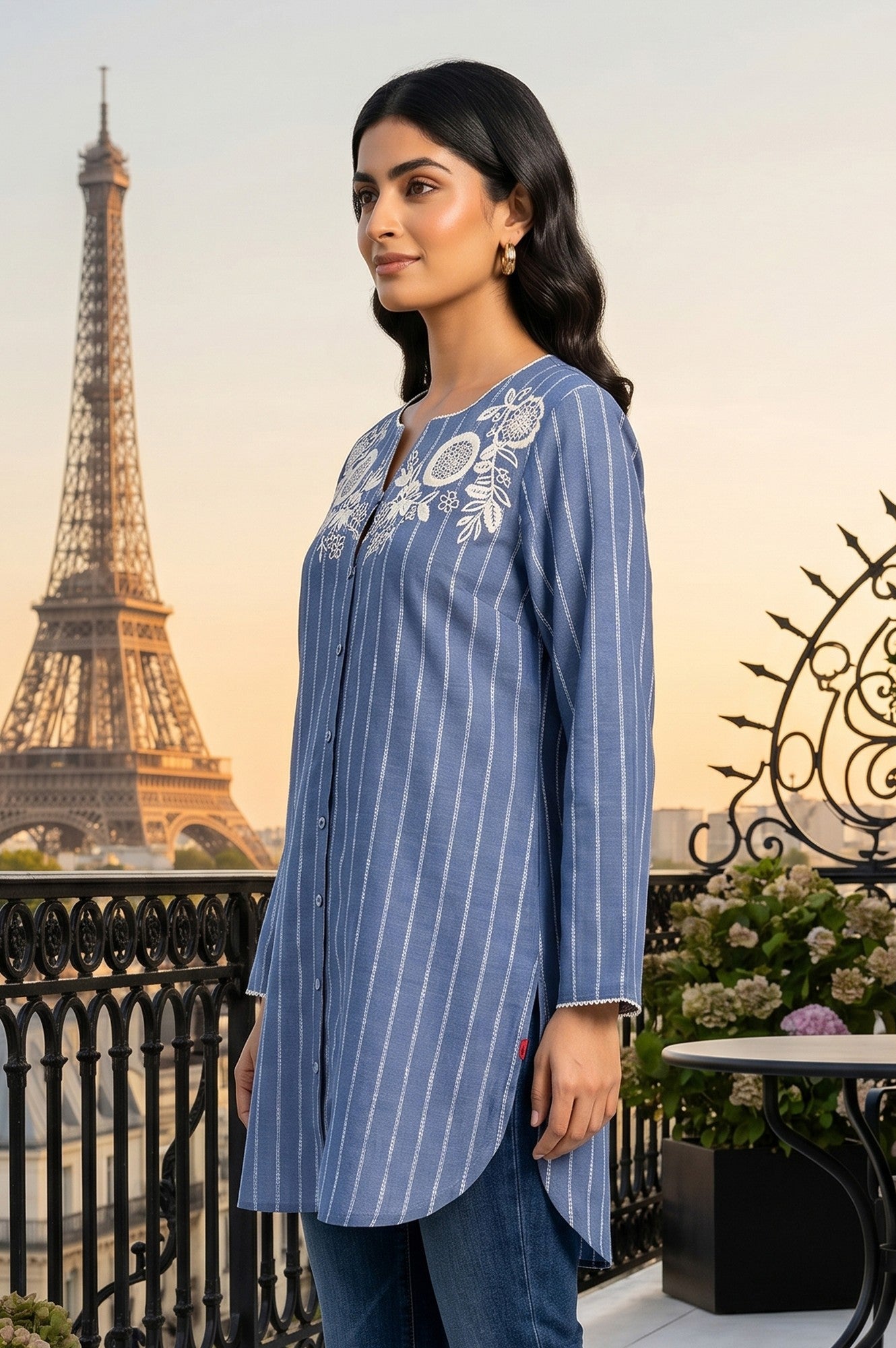 Blue Striped Embroidered Cotton Rayon Straight Top
