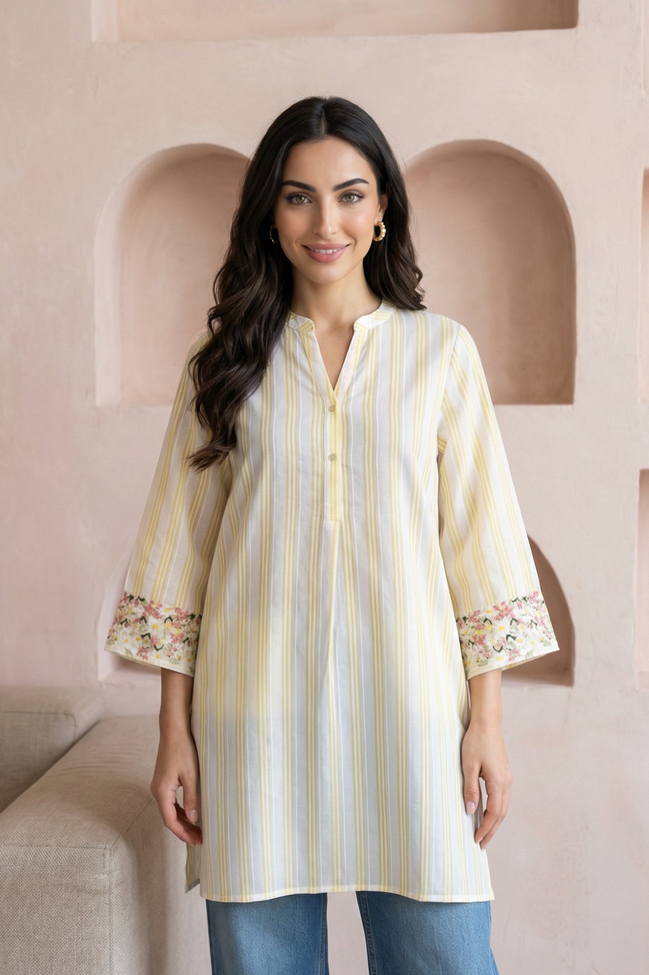 Off White and Yellow Striped Pure Cotton Straight Tunic