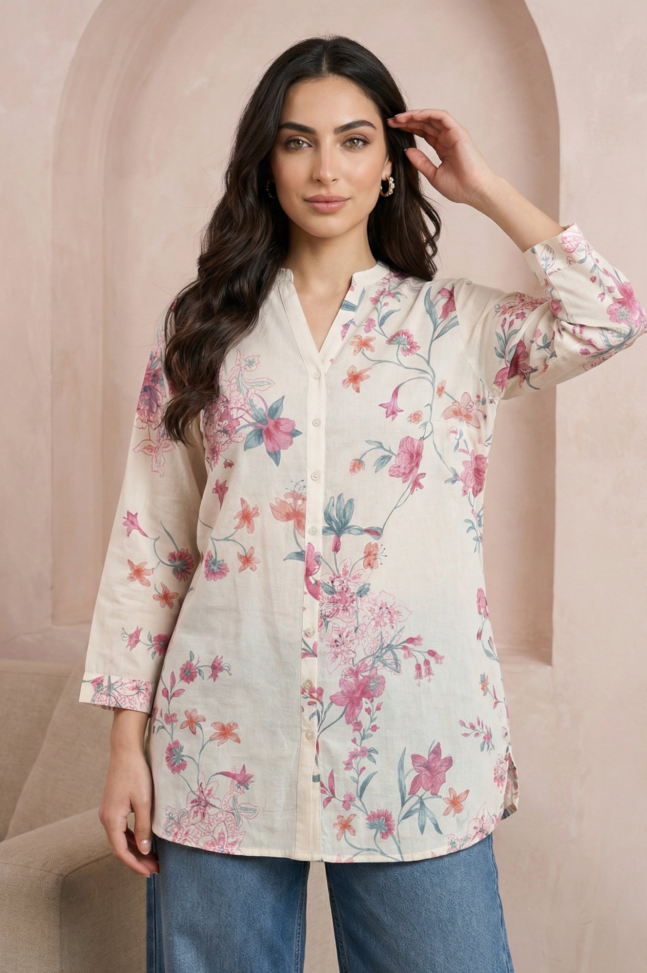 Off White Floral Printed Pure Cotton Straight Tunic