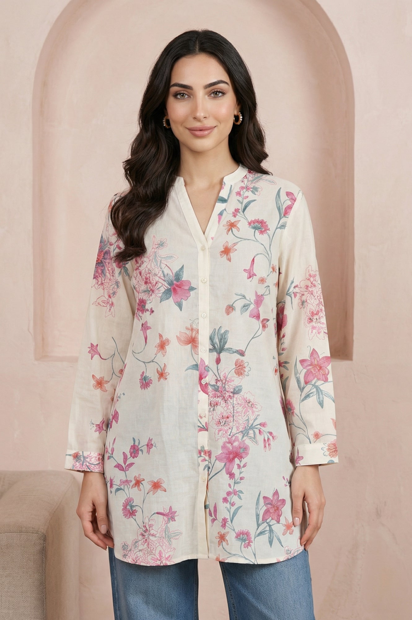 Off White Floral Printed Pure Cotton Straight Tunic